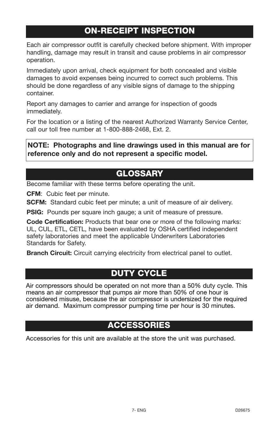 Glossary, Duty cycle, Accessories | On-receipt inspection | DeVillbiss Air Power Company D26675 User Manual | Page 7 / 14