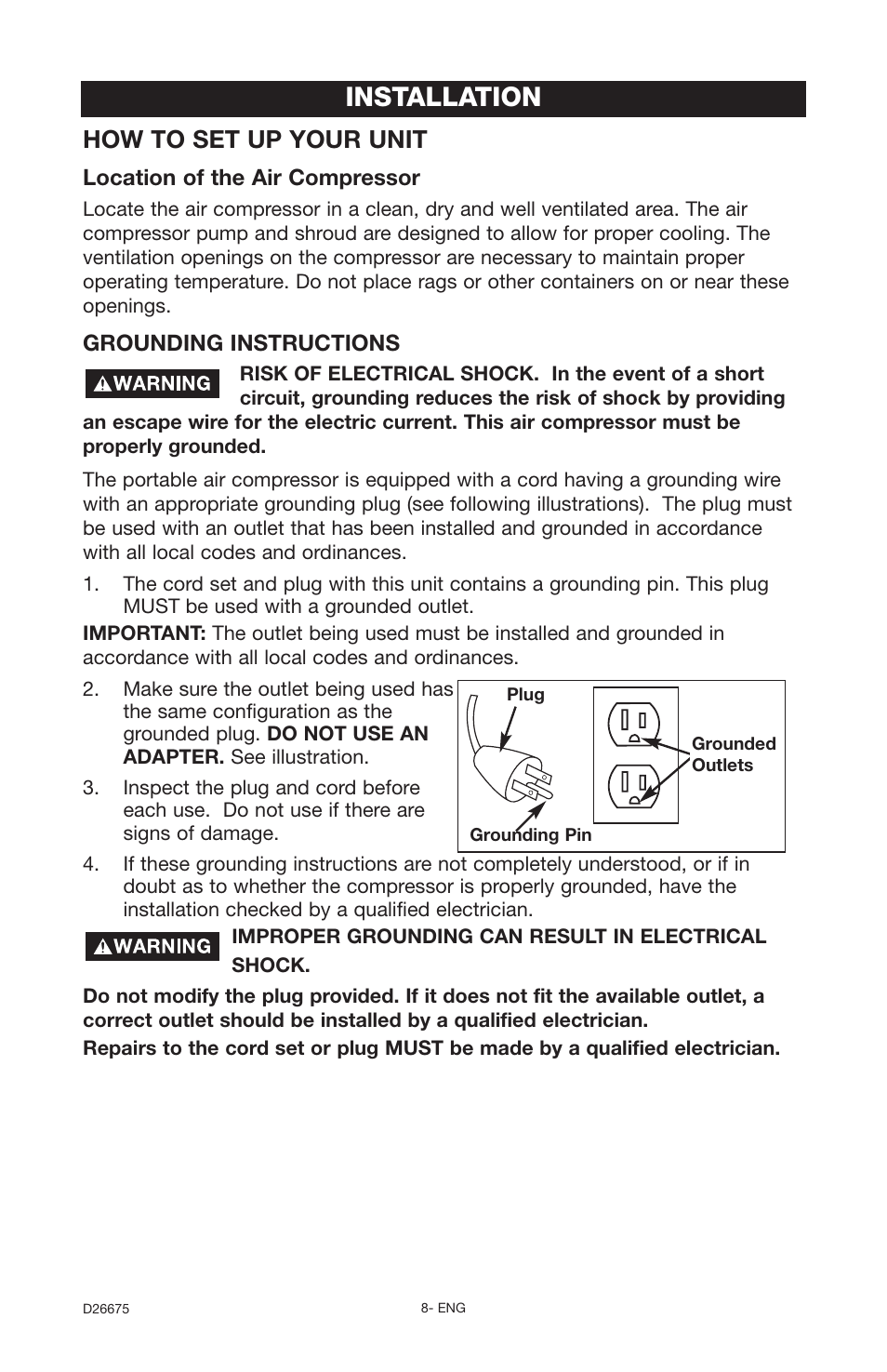 Installation, How to set up your unit | DeVillbiss Air Power Company D26675 User Manual | Page 8 / 14