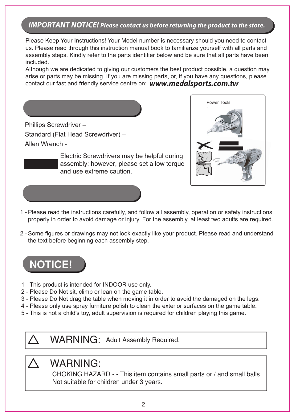 Tools required: assembly tips, Not included, Included | Important notice | Medal Sports SH39004 User Manual | Page 3 / 19