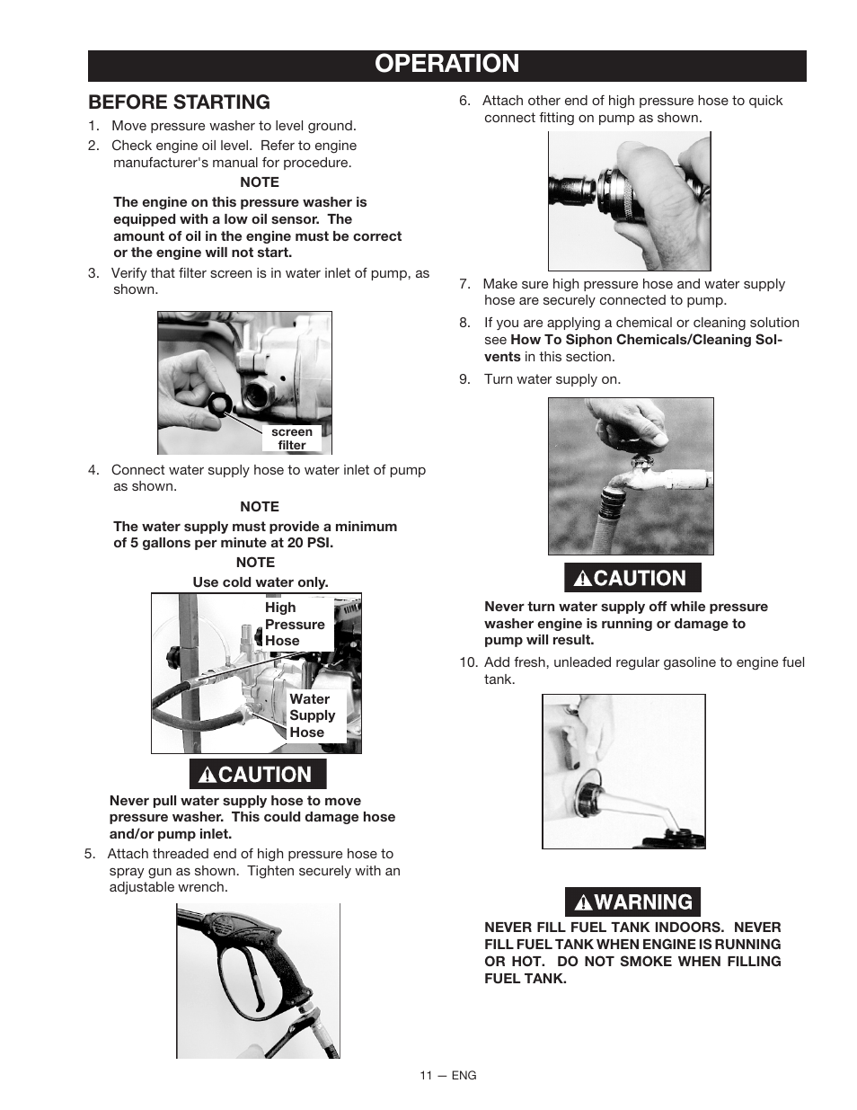 Operation, Before starting | DeVillbiss Air Power Company 2225CWH User Manual | Page 11 / 20