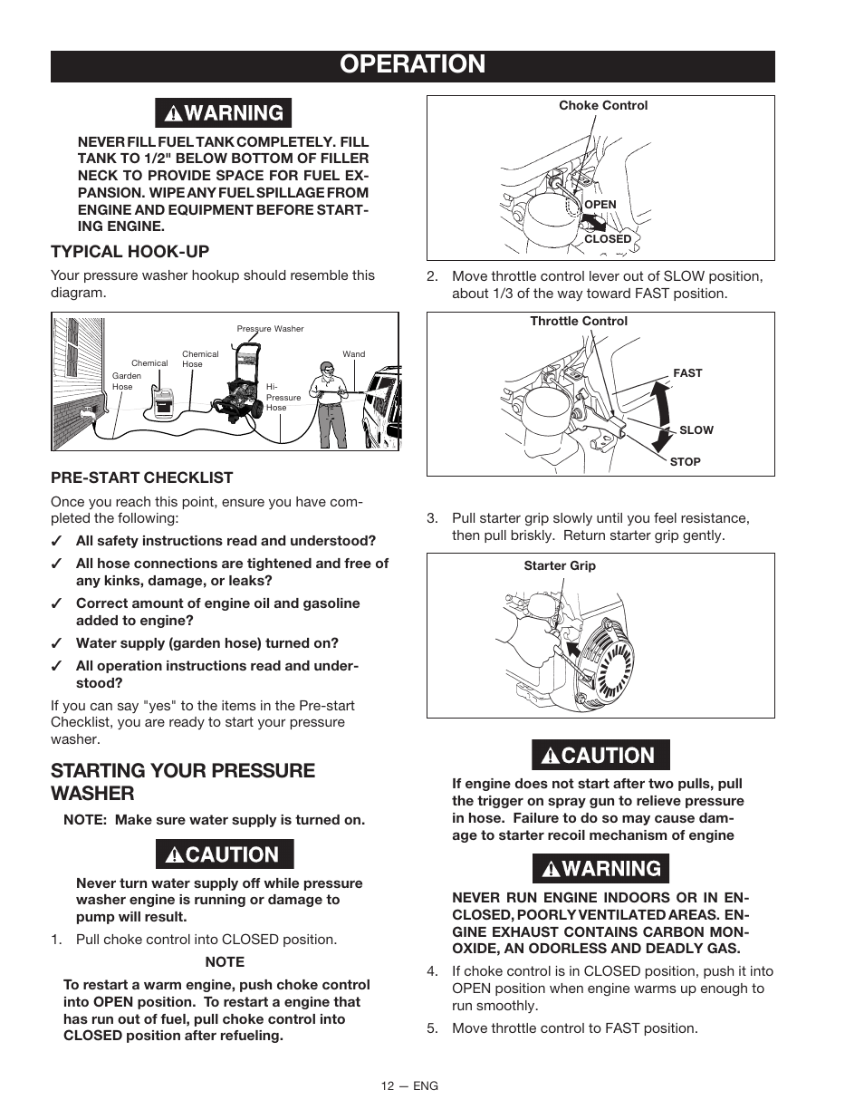 Operation, Starting your pressure washer, Typical hook-up | DeVillbiss Air Power Company 2225CWH User Manual | Page 12 / 20