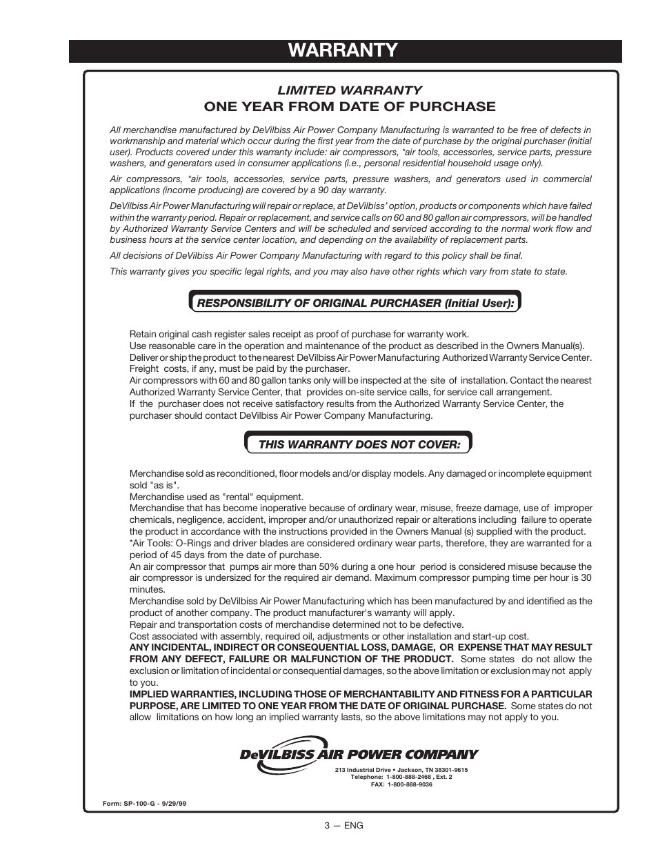 Warranty, One year from date of purchase | DeVillbiss Air Power Company 2225CWH User Manual | Page 3 / 20