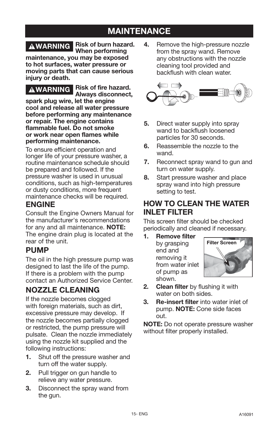 Maintenance, Engine, Pump | Nozzle cleaning, How to clean the water inlet filter | DeVillbiss Air Power Company Devap DVH3000 User Manual | Page 15 / 60