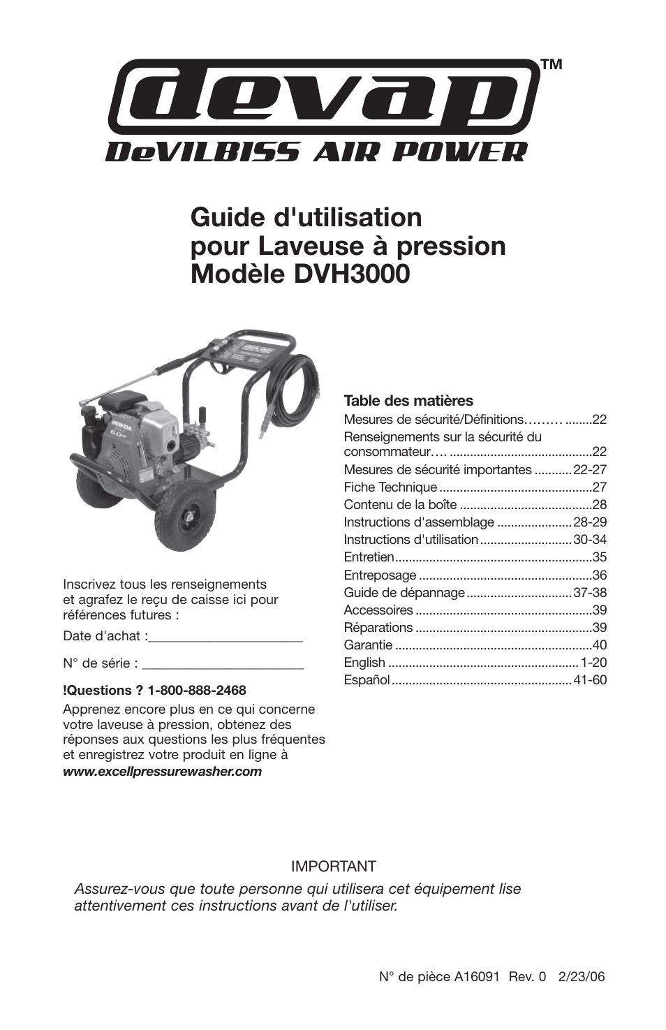 DeVillbiss Air Power Company Devap DVH3000 User Manual | Page 21 / 60