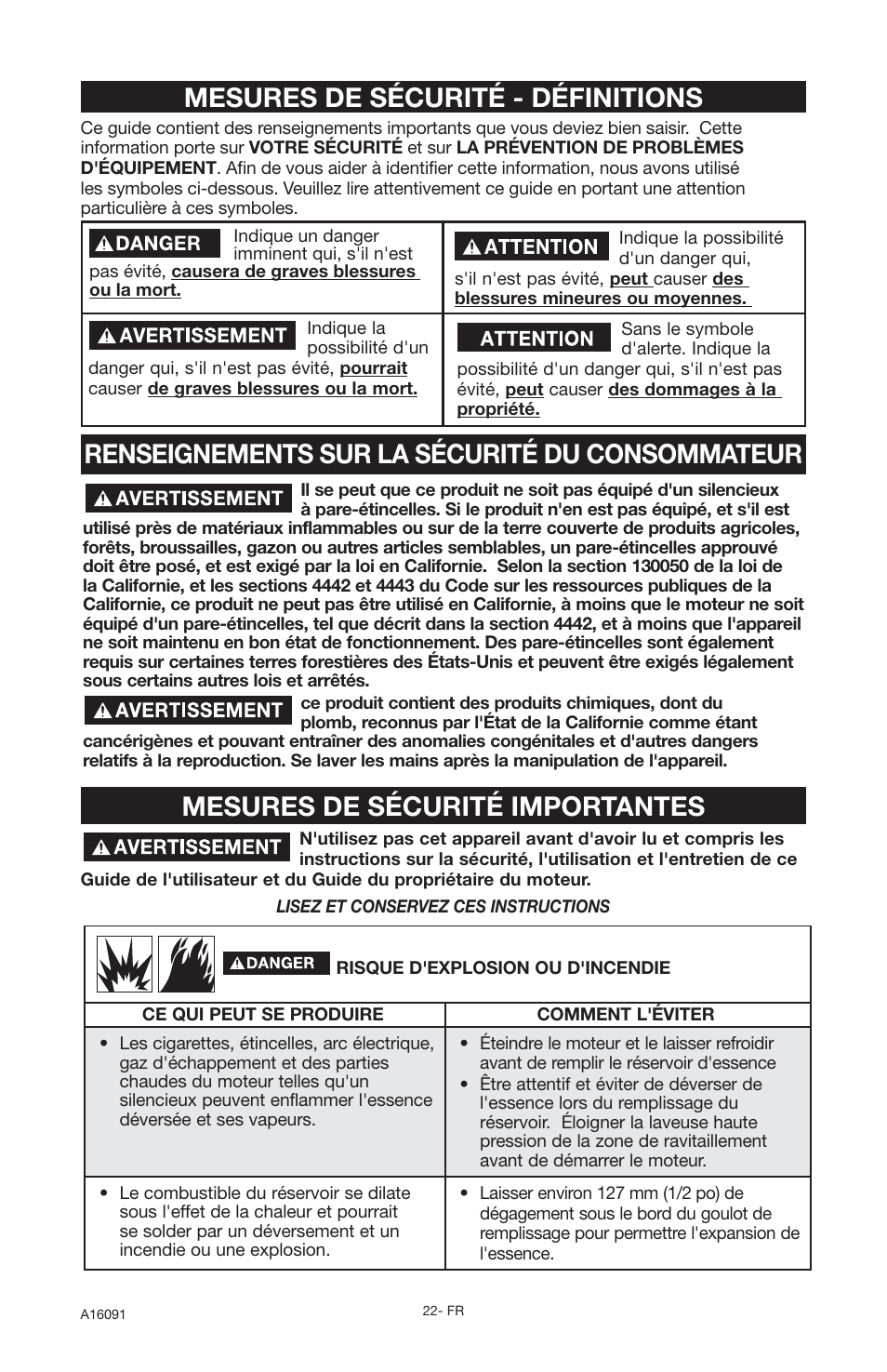 Mesures de sécurité importantes | DeVillbiss Air Power Company Devap DVH3000 User Manual | Page 22 / 60