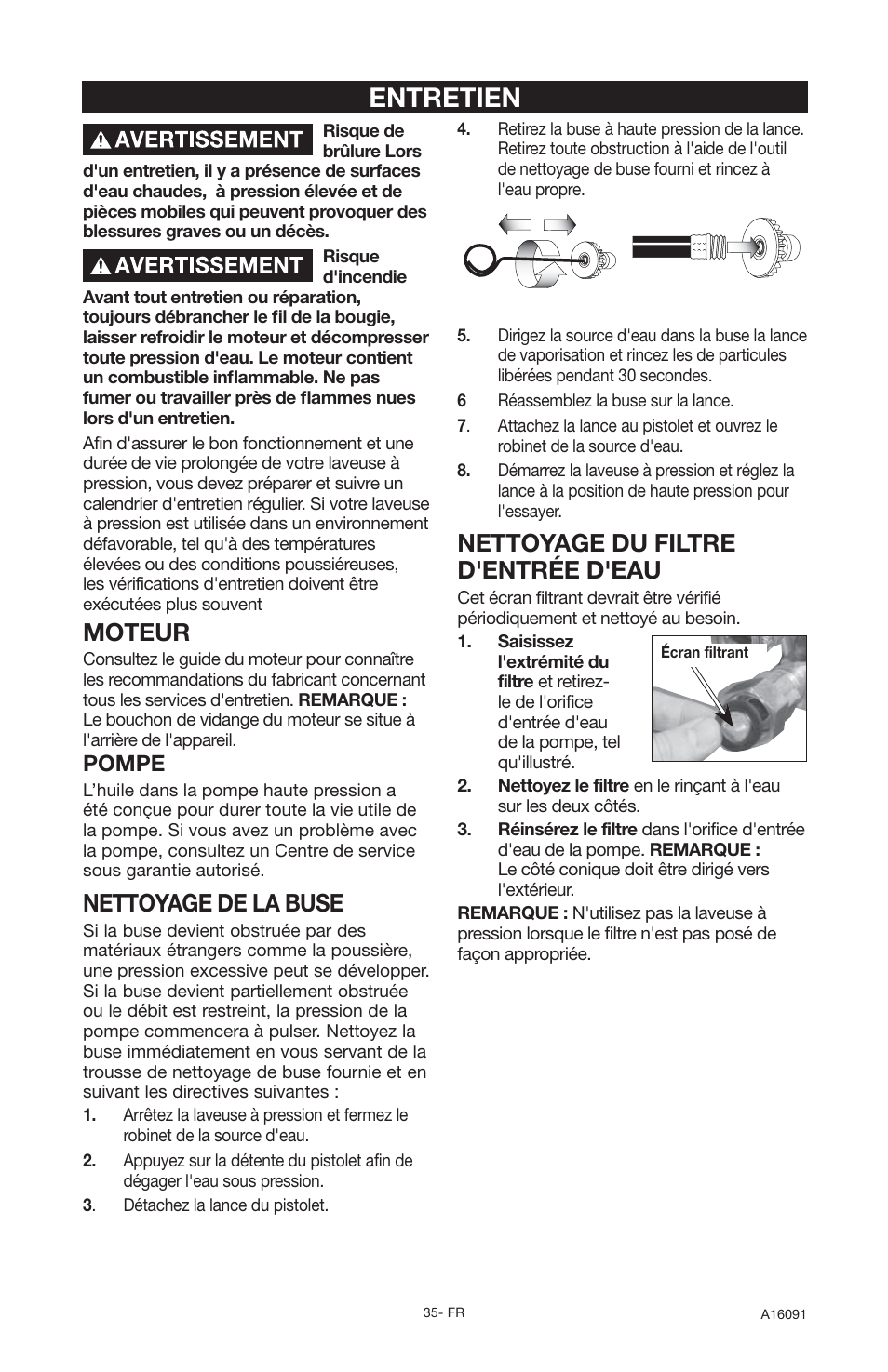 Entretien, Nettoyage du filtre d'entrée d'eau, Moteur | Nettoyage de la buse, Pompe | DeVillbiss Air Power Company Devap DVH3000 User Manual | Page 35 / 60