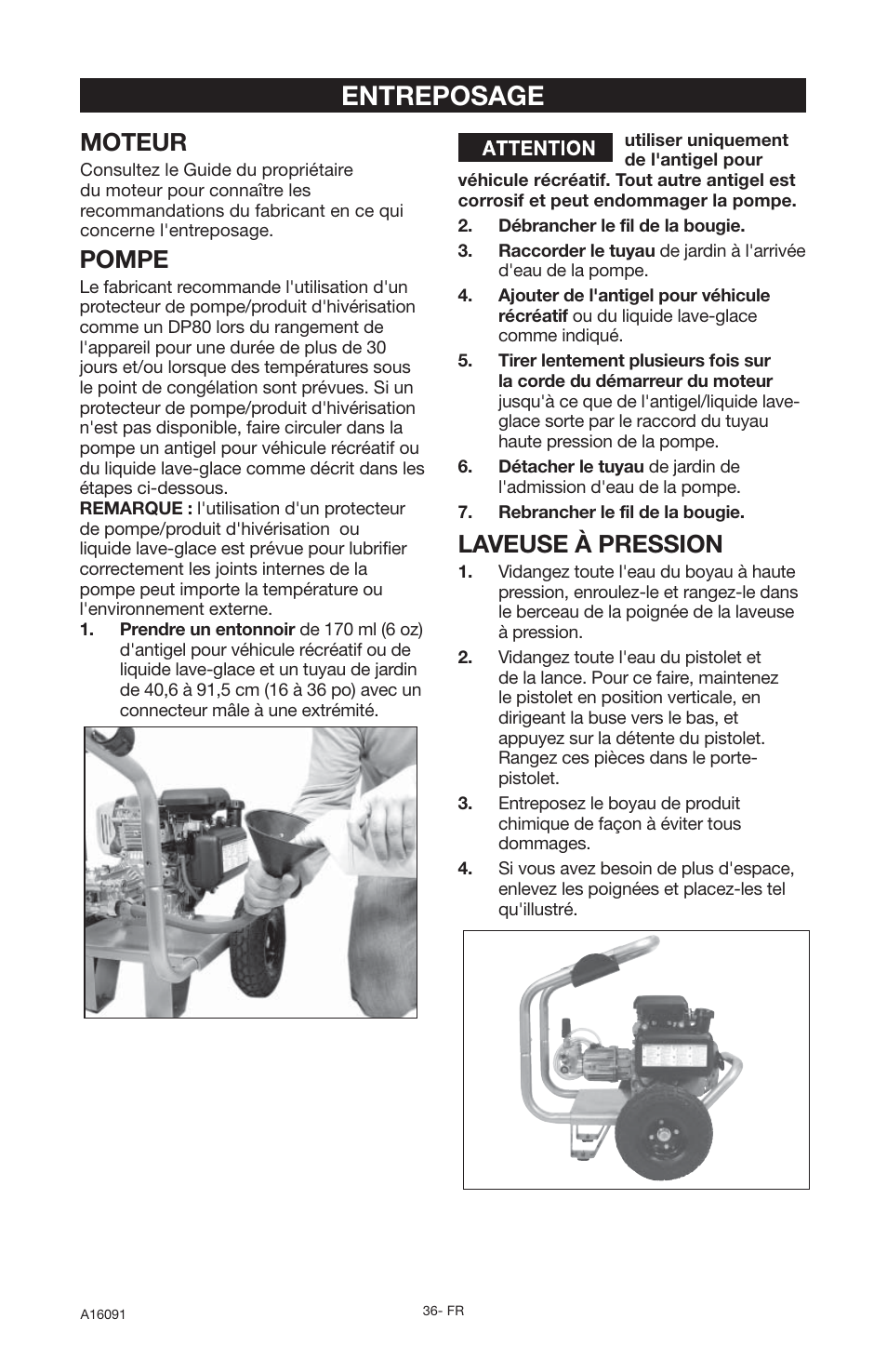 Entreposage, Laveuse à pression, Moteur | Pompe | DeVillbiss Air Power Company Devap DVH3000 User Manual | Page 36 / 60