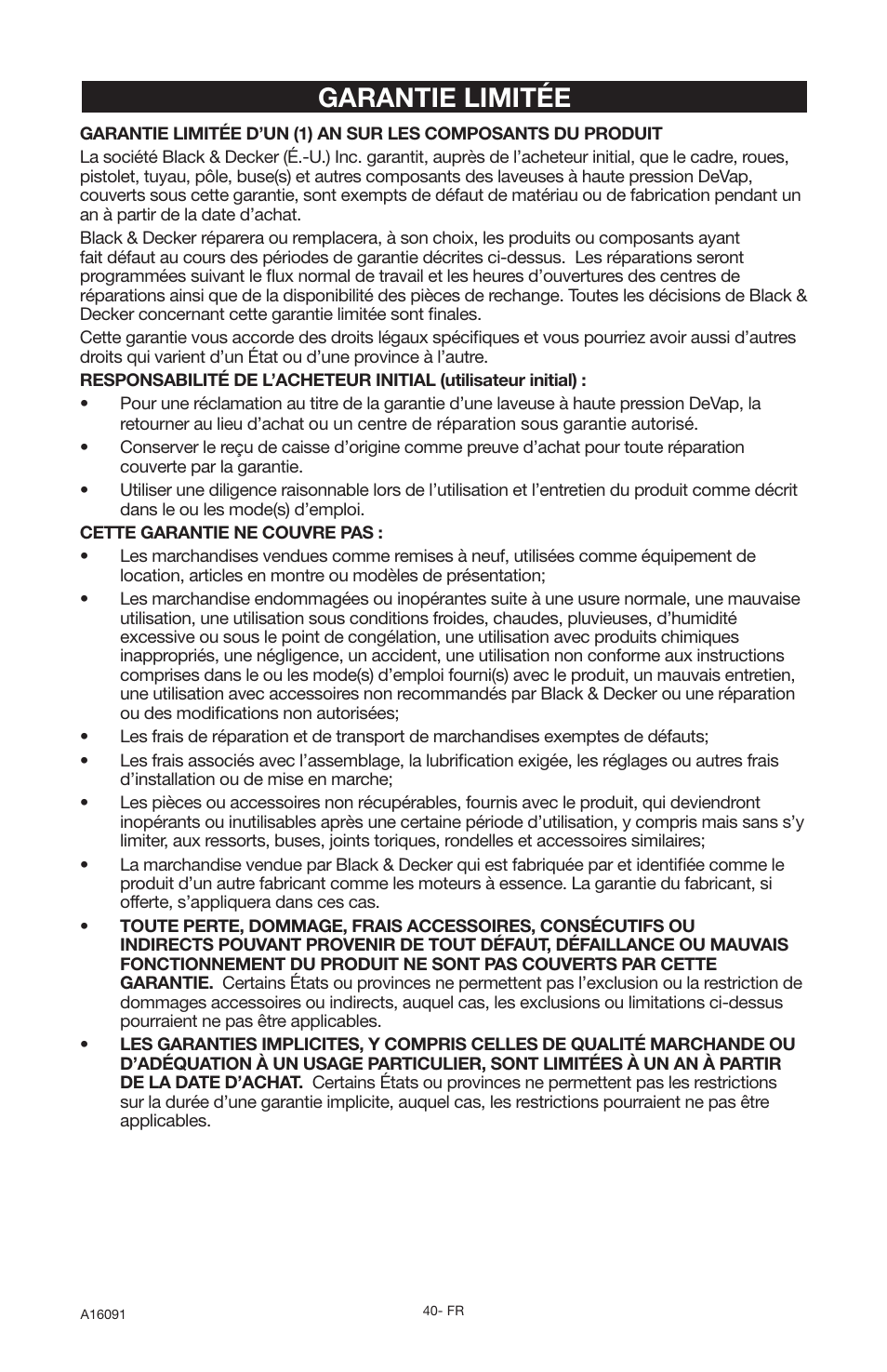 Garantie limitée | DeVillbiss Air Power Company Devap DVH3000 User Manual | Page 40 / 60