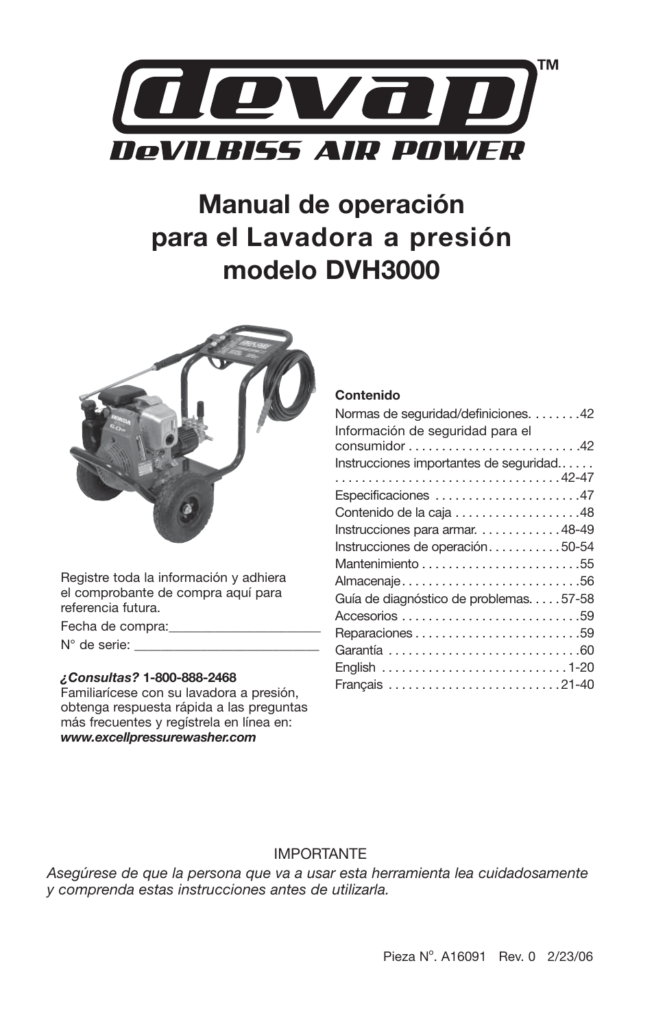 DeVillbiss Air Power Company Devap DVH3000 User Manual | Page 41 / 60