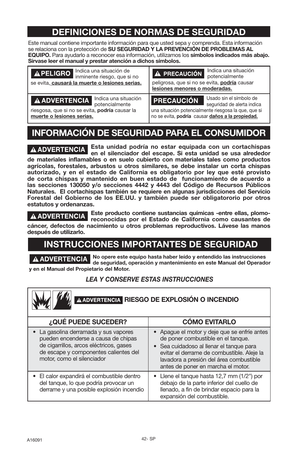 Instrucciones importantes de seguridad, Información de seguridad para el consumidor, Definiciones de normas de seguridad | DeVillbiss Air Power Company Devap DVH3000 User Manual | Page 42 / 60