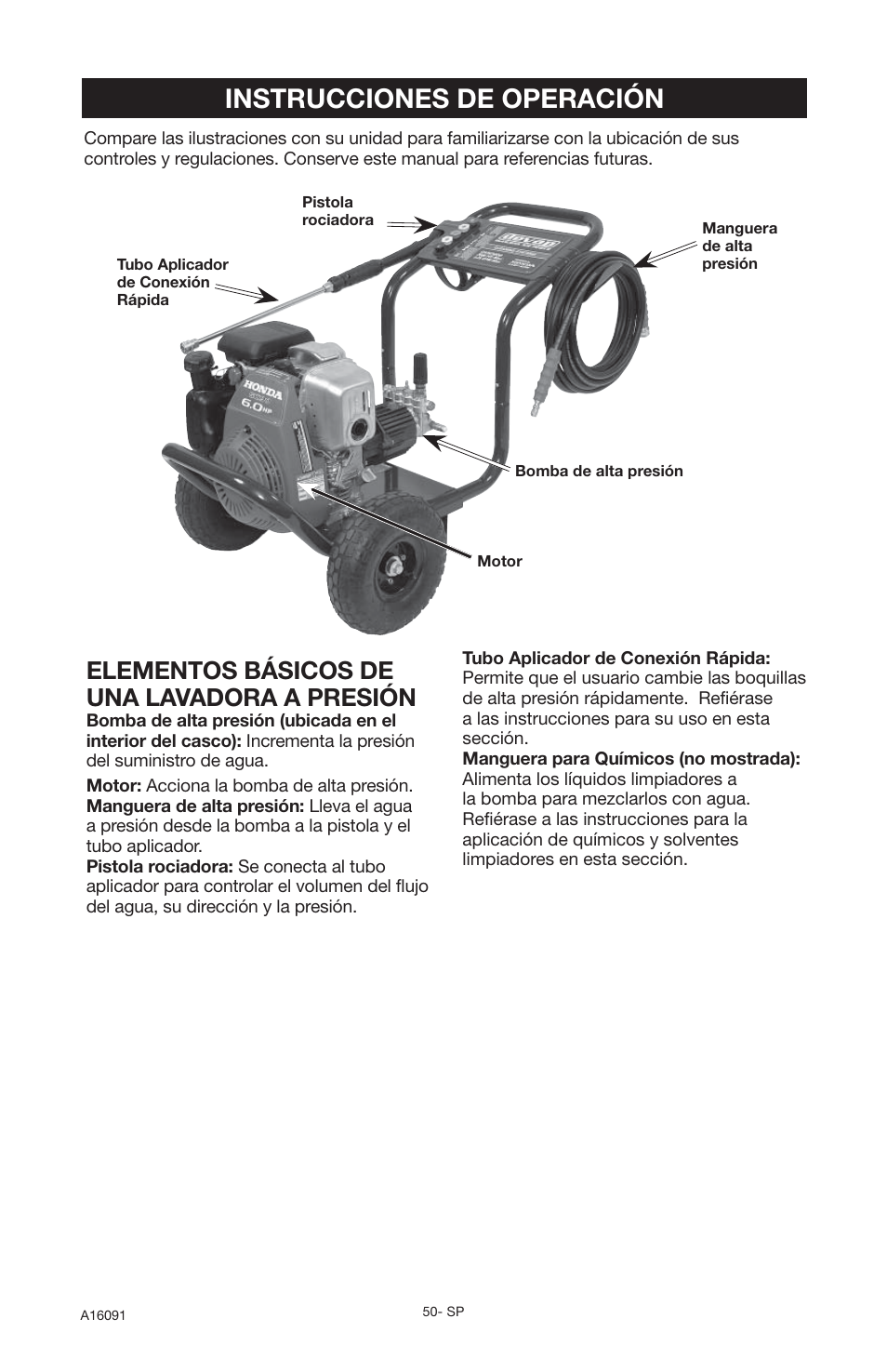 Instrucciones de operación, Elementos básicos de una lavadora a presión | DeVillbiss Air Power Company Devap DVH3000 User Manual | Page 50 / 60