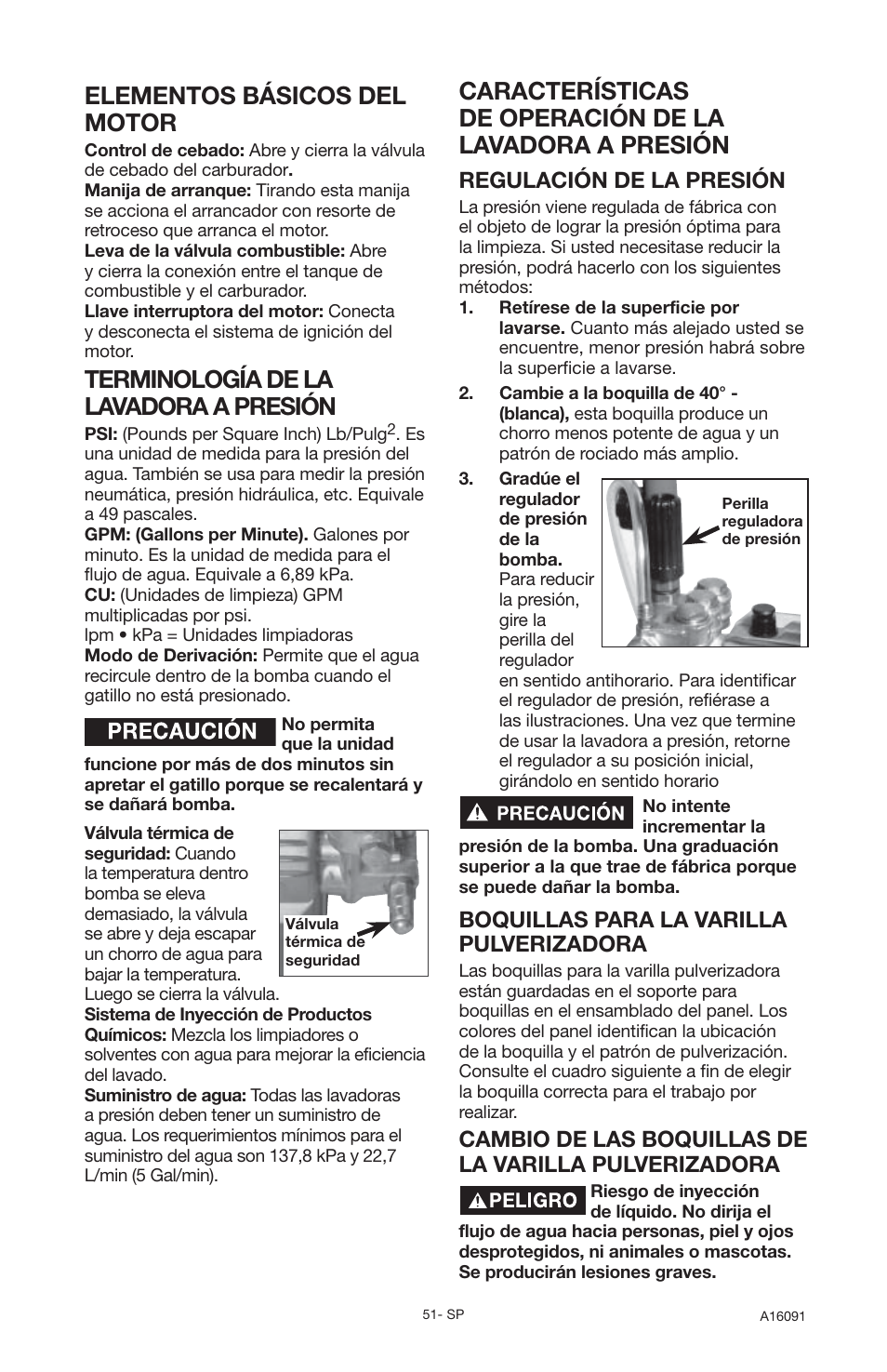 Elementos básicos del motor, Terminología de la lavadora a presión, Regulación de la presión | Boquillas para la varilla pulverizadora | DeVillbiss Air Power Company Devap DVH3000 User Manual | Page 51 / 60