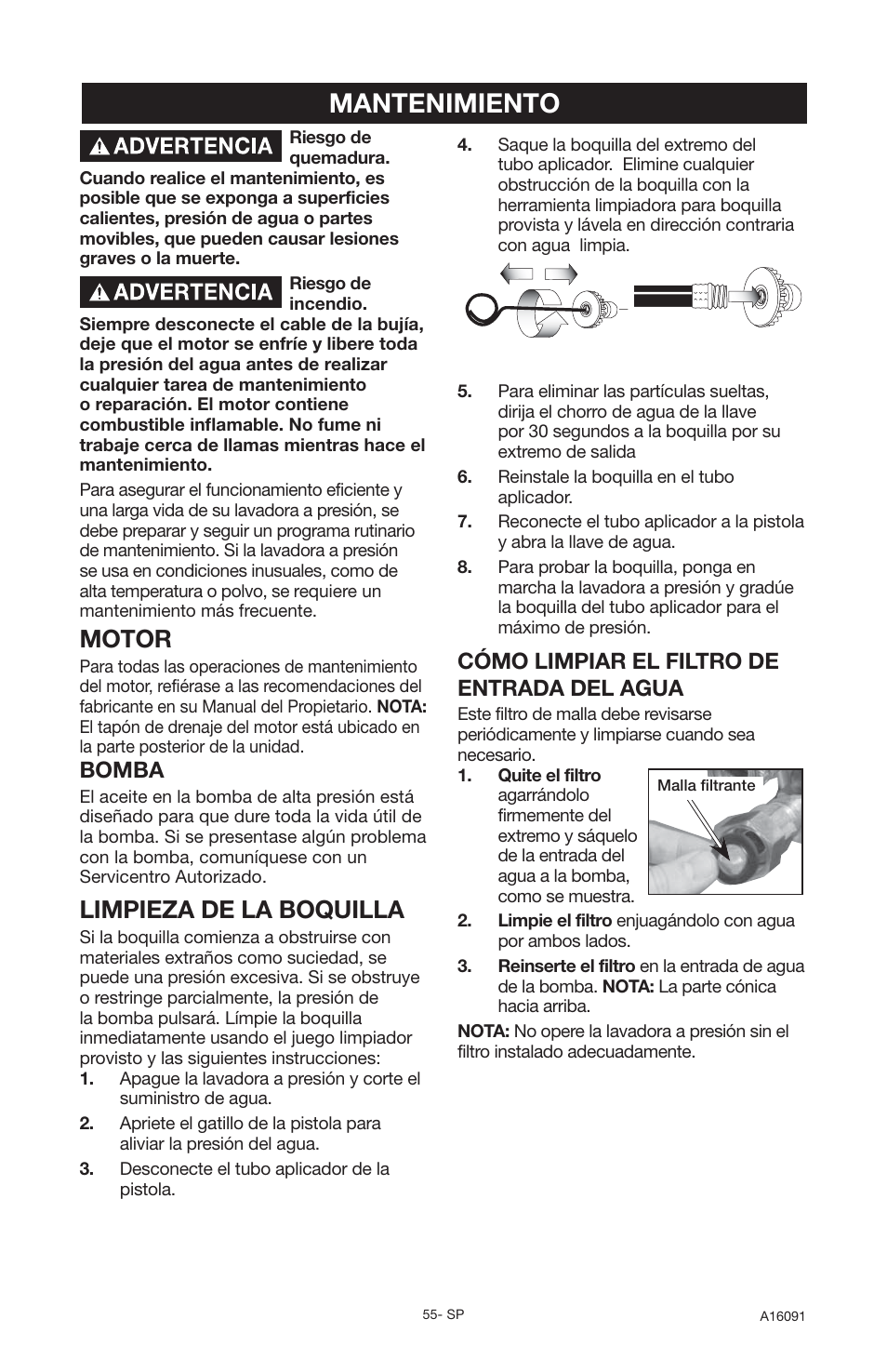 Mantenimiento, Motor, Limpieza de la boquilla | Bomba, Cómo limpiar el filtro de entrada del agua | DeVillbiss Air Power Company Devap DVH3000 User Manual | Page 55 / 60