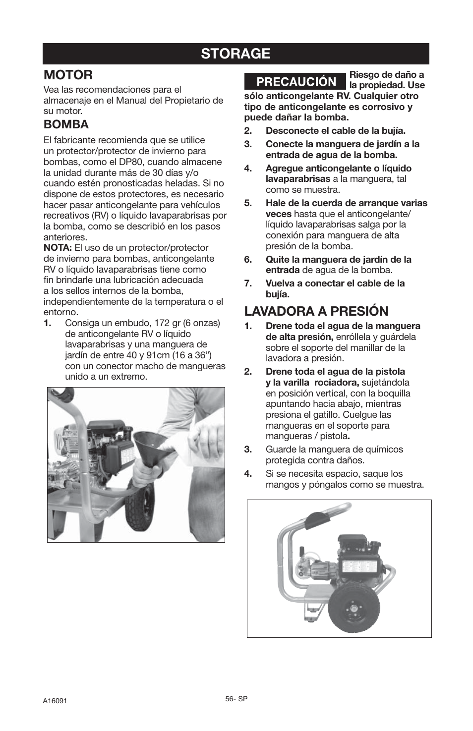 Storage, Motor, Lavadora a presión | Bomba | DeVillbiss Air Power Company Devap DVH3000 User Manual | Page 56 / 60