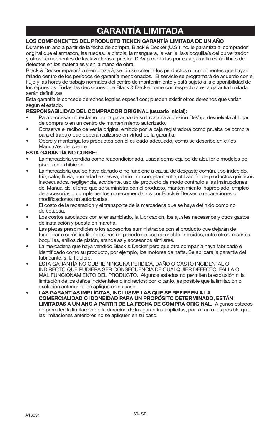 Garantía limitada | DeVillbiss Air Power Company Devap DVH3000 User Manual | Page 60 / 60