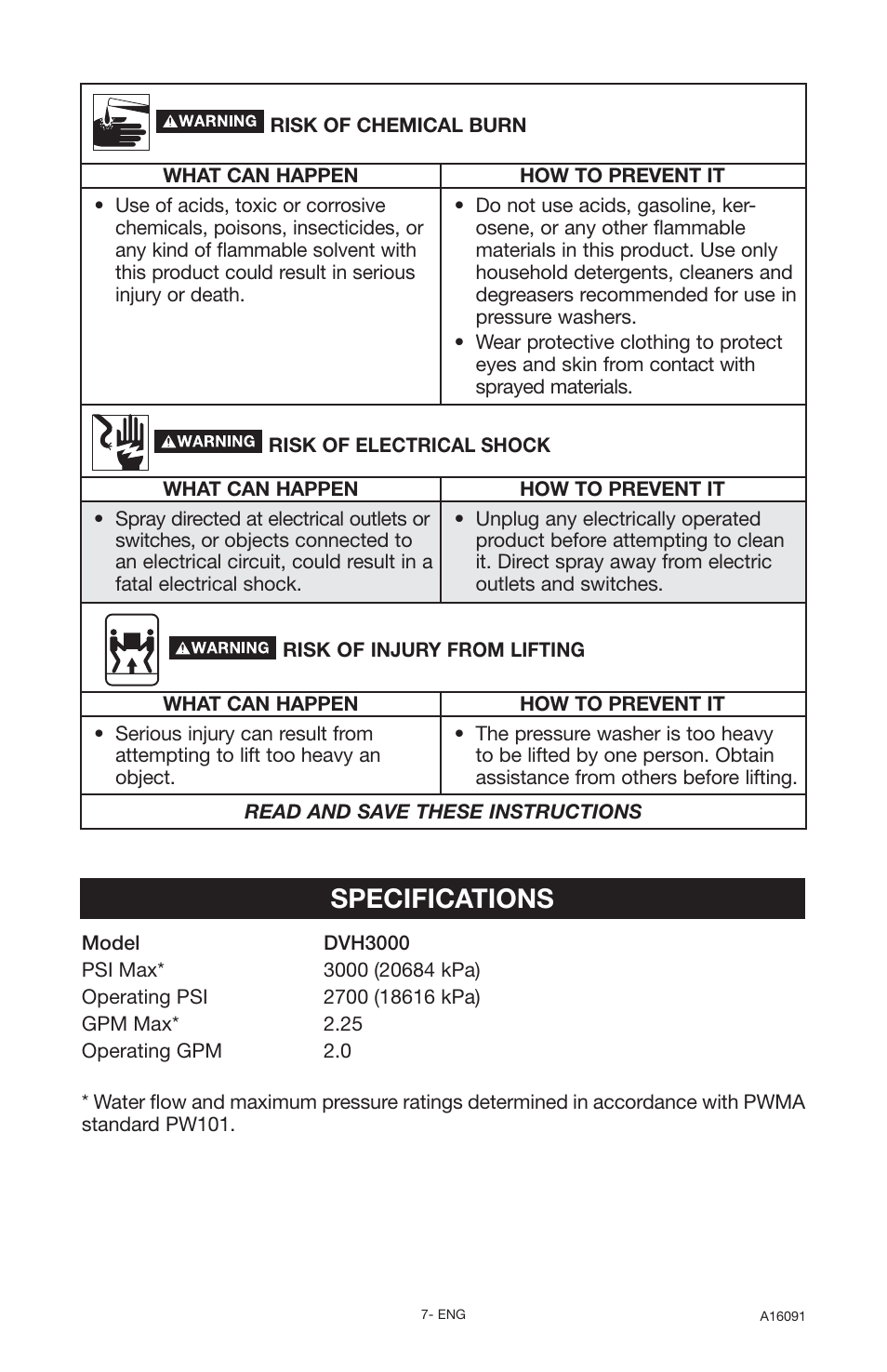 Specifications | DeVillbiss Air Power Company Devap DVH3000 User Manual | Page 7 / 60