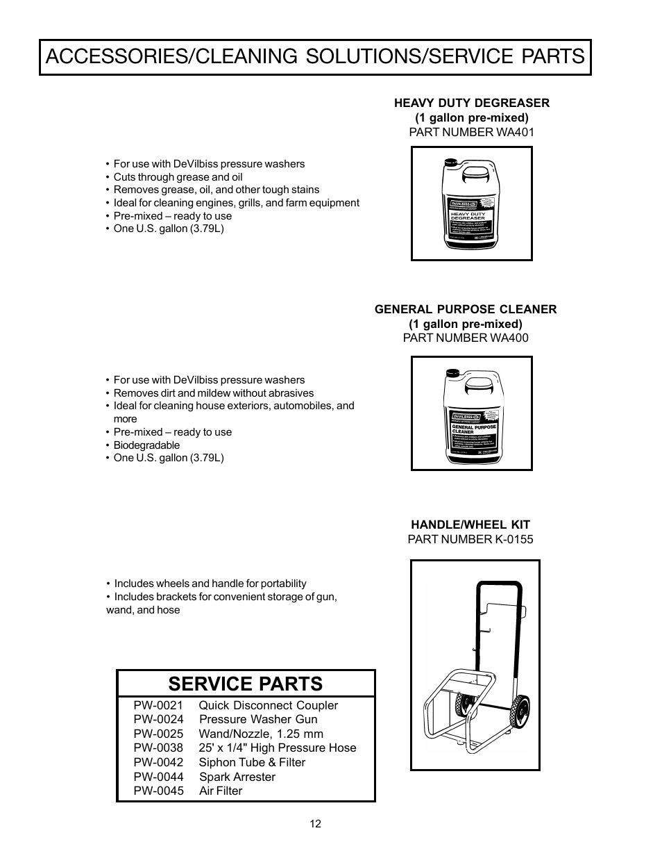 Accessories/cleaning solutions/service parts, Service parts | DeVillbiss Air Power Company WG1420 User Manual | Page 12 / 14