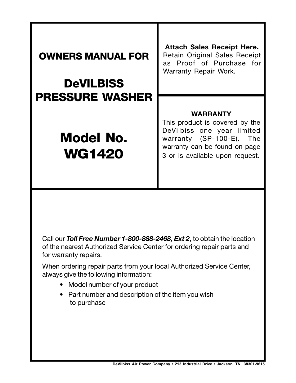 Model no. wg1420, Devilbiss pressure washer, Owners manual for | DeVillbiss Air Power Company WG1420 User Manual | Page 14 / 14