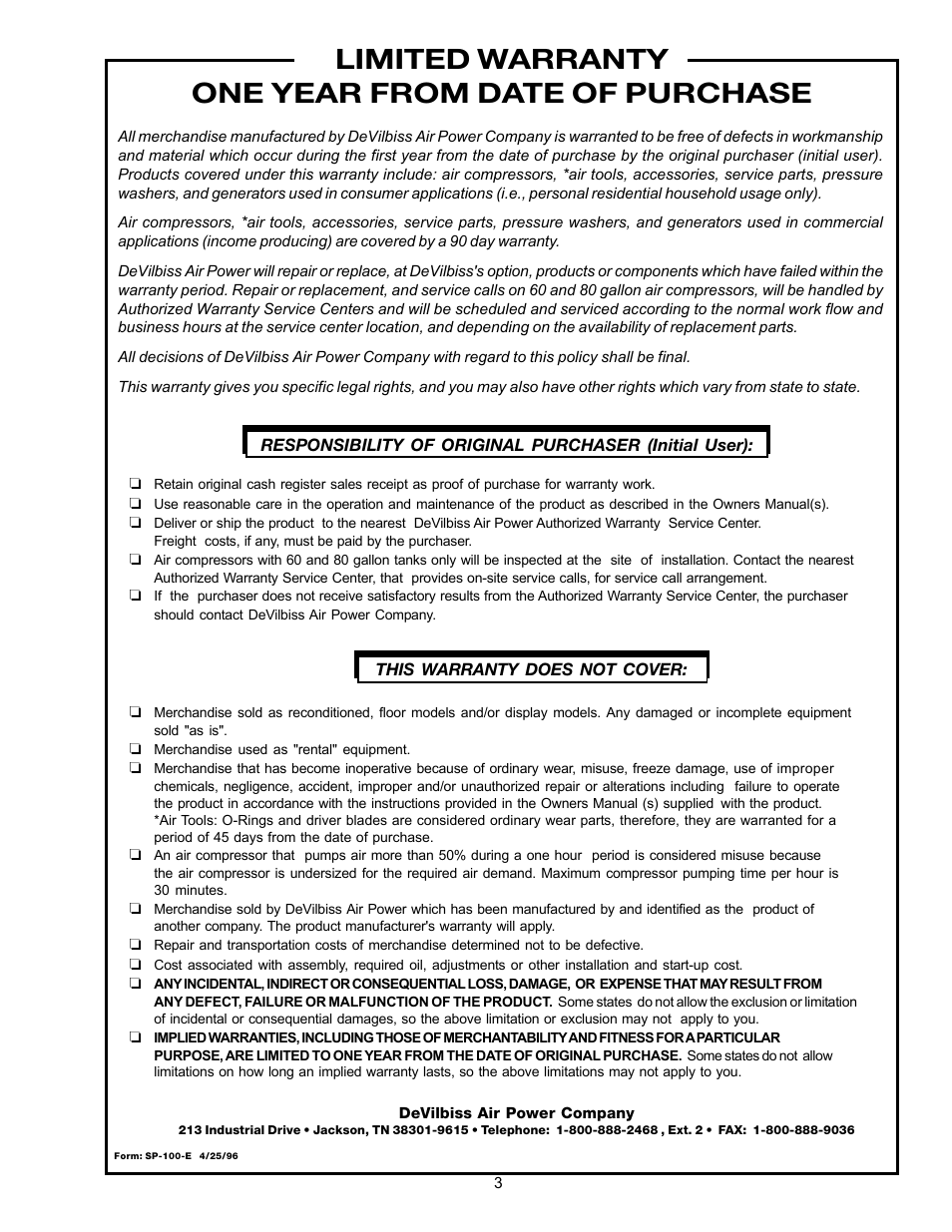 Limited warranty one year from date of purchase | DeVillbiss Air Power Company WG1420 User Manual | Page 3 / 14