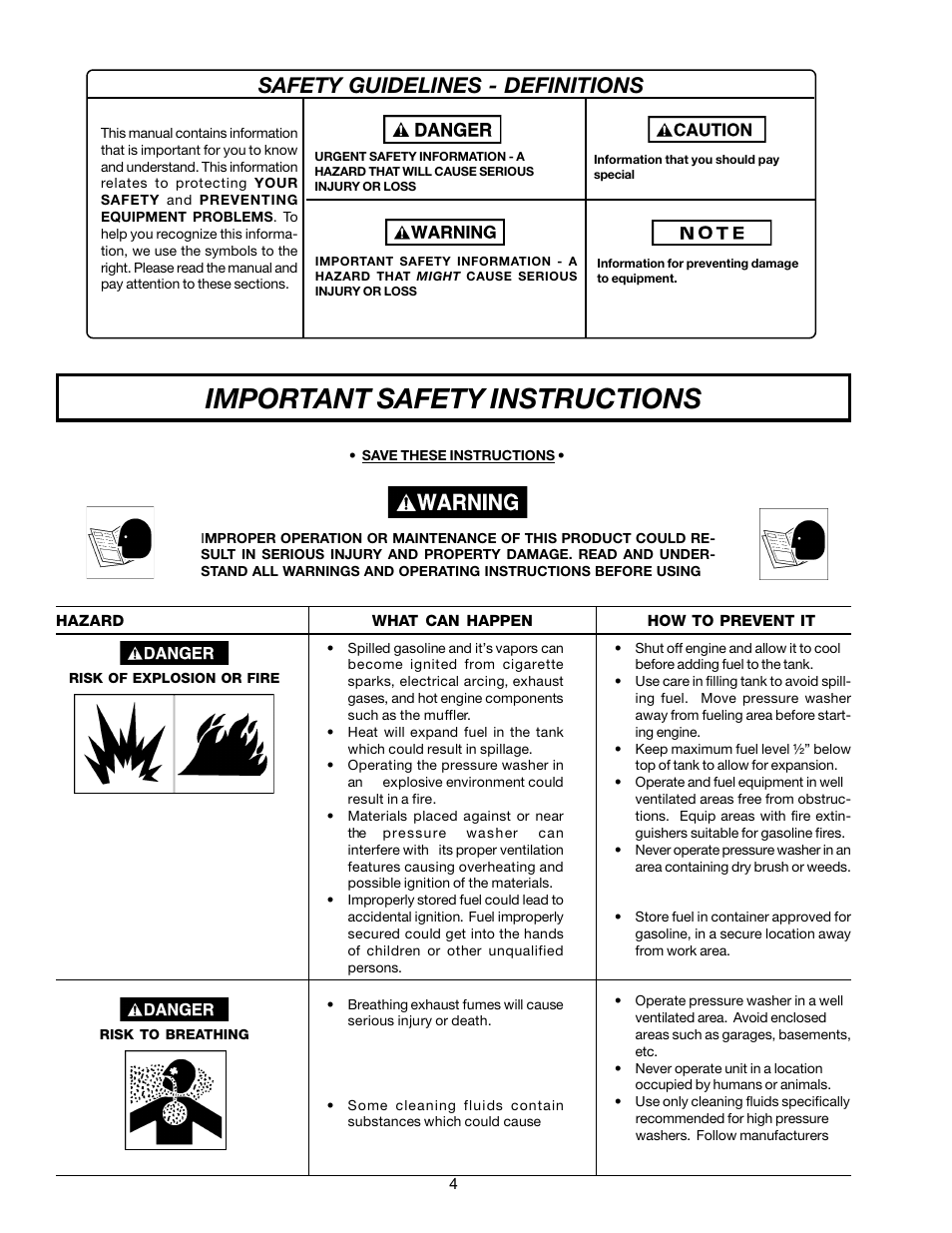 Important safety instructions, Safety guidelines - definitions | DeVillbiss Air Power Company WG1420 User Manual | Page 4 / 14