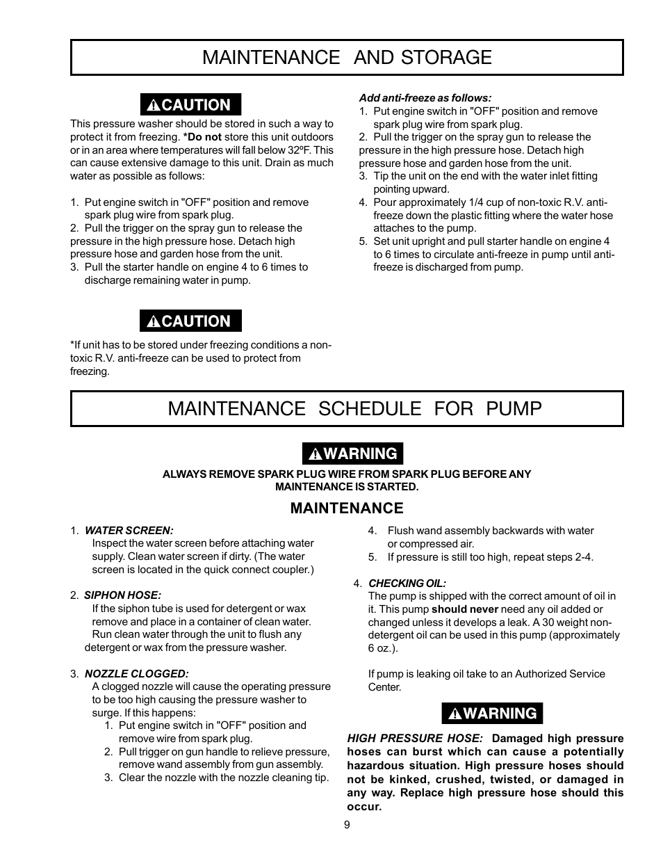 Maintenance and storage, Maintenance schedule for pump, Maintenance | DeVillbiss Air Power Company WG1420 User Manual | Page 9 / 14