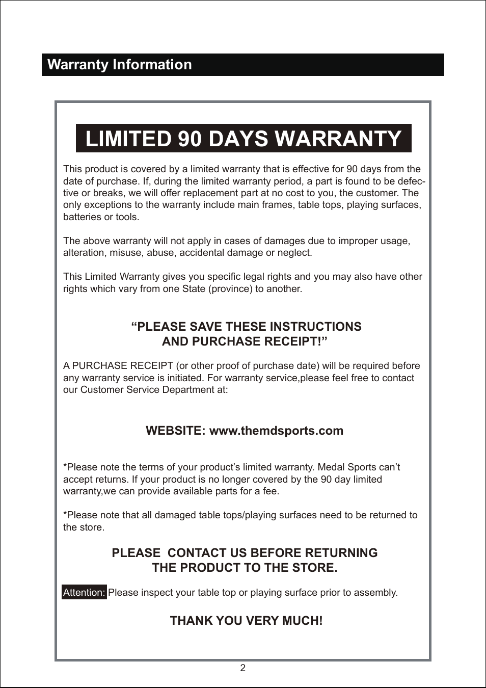 Limited 90 days warranty, Warranty information | Medal Sports YSLSUIG3003/AC25800 User Manual | Page 3 / 13