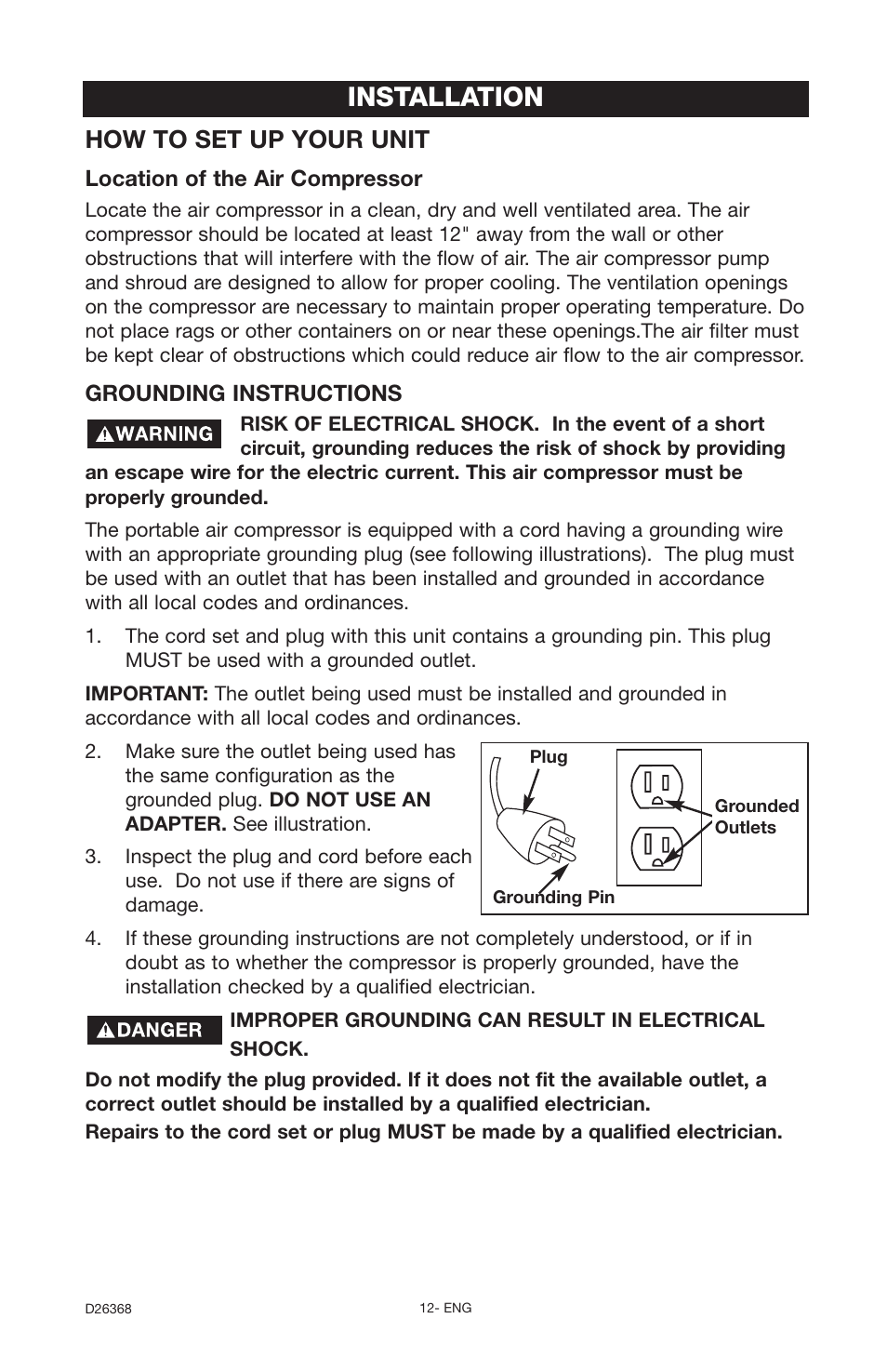 Installation, How to set up your unit | DeVillbiss Air Power Company D26368 User Manual | Page 12 / 24