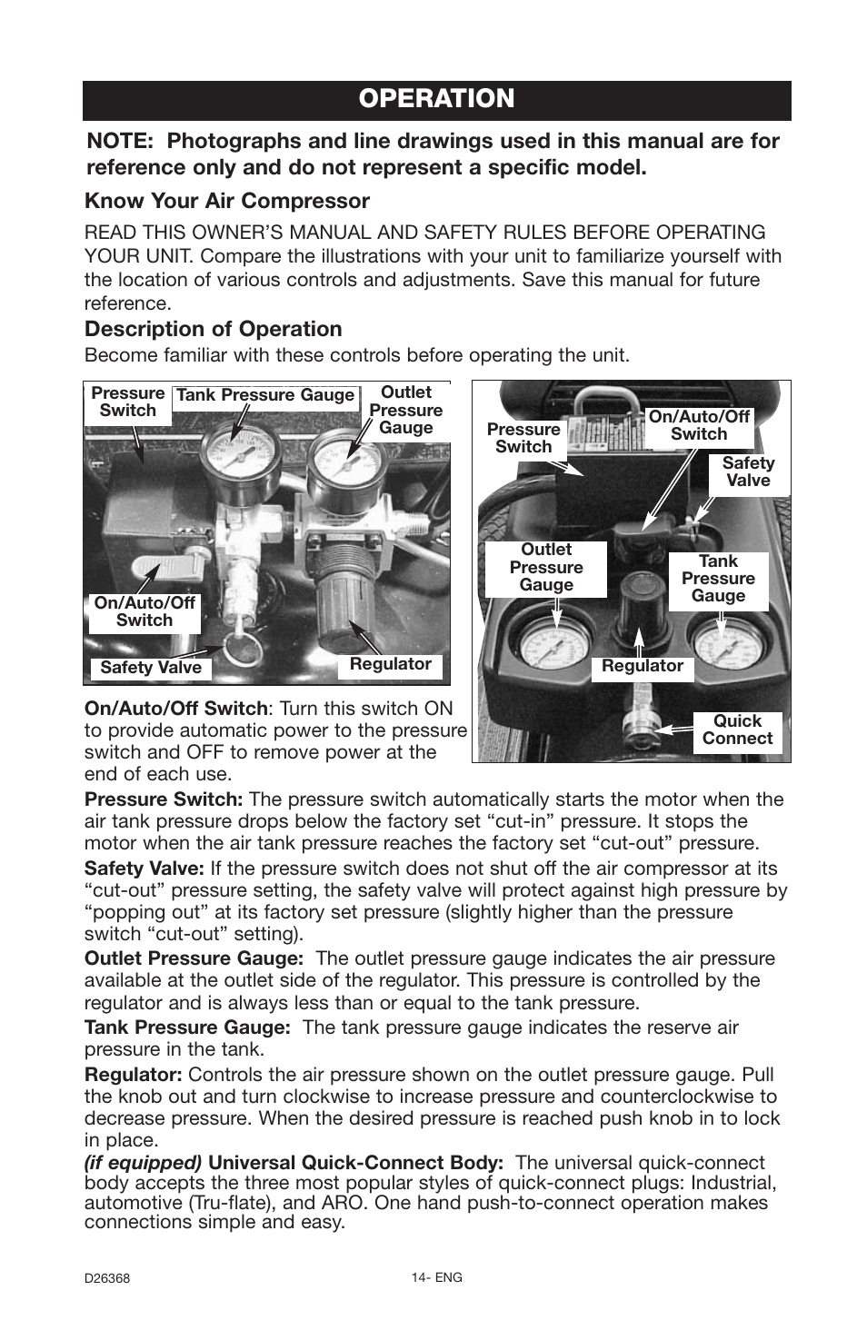 Operation, Description of operation, Know your air compressor | DeVillbiss Air Power Company D26368 User Manual | Page 14 / 24