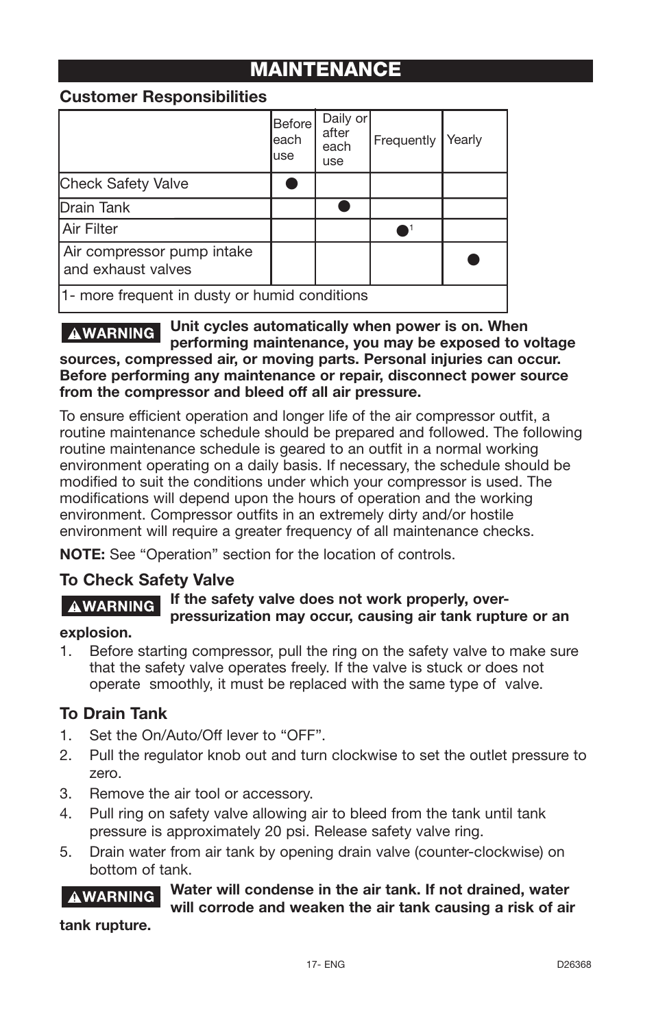 Maintenance | DeVillbiss Air Power Company D26368 User Manual | Page 17 / 24