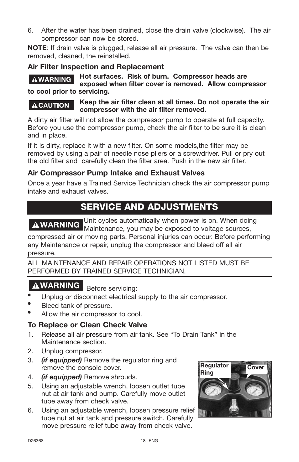 Service and adjustments, Air compressor pump intake and exhaust valves, Air filter inspection and replacement | DeVillbiss Air Power Company D26368 User Manual | Page 18 / 24