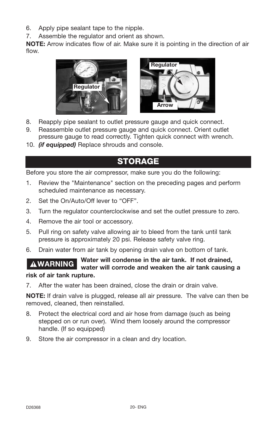 Storage | DeVillbiss Air Power Company D26368 User Manual | Page 20 / 24