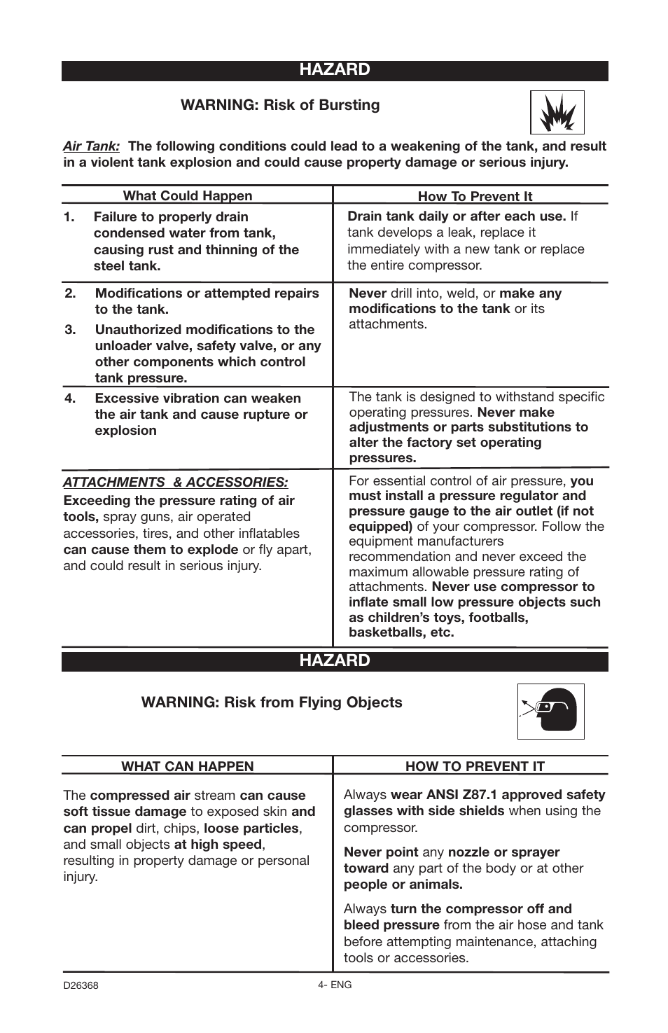 Hazard | DeVillbiss Air Power Company D26368 User Manual | Page 4 / 24