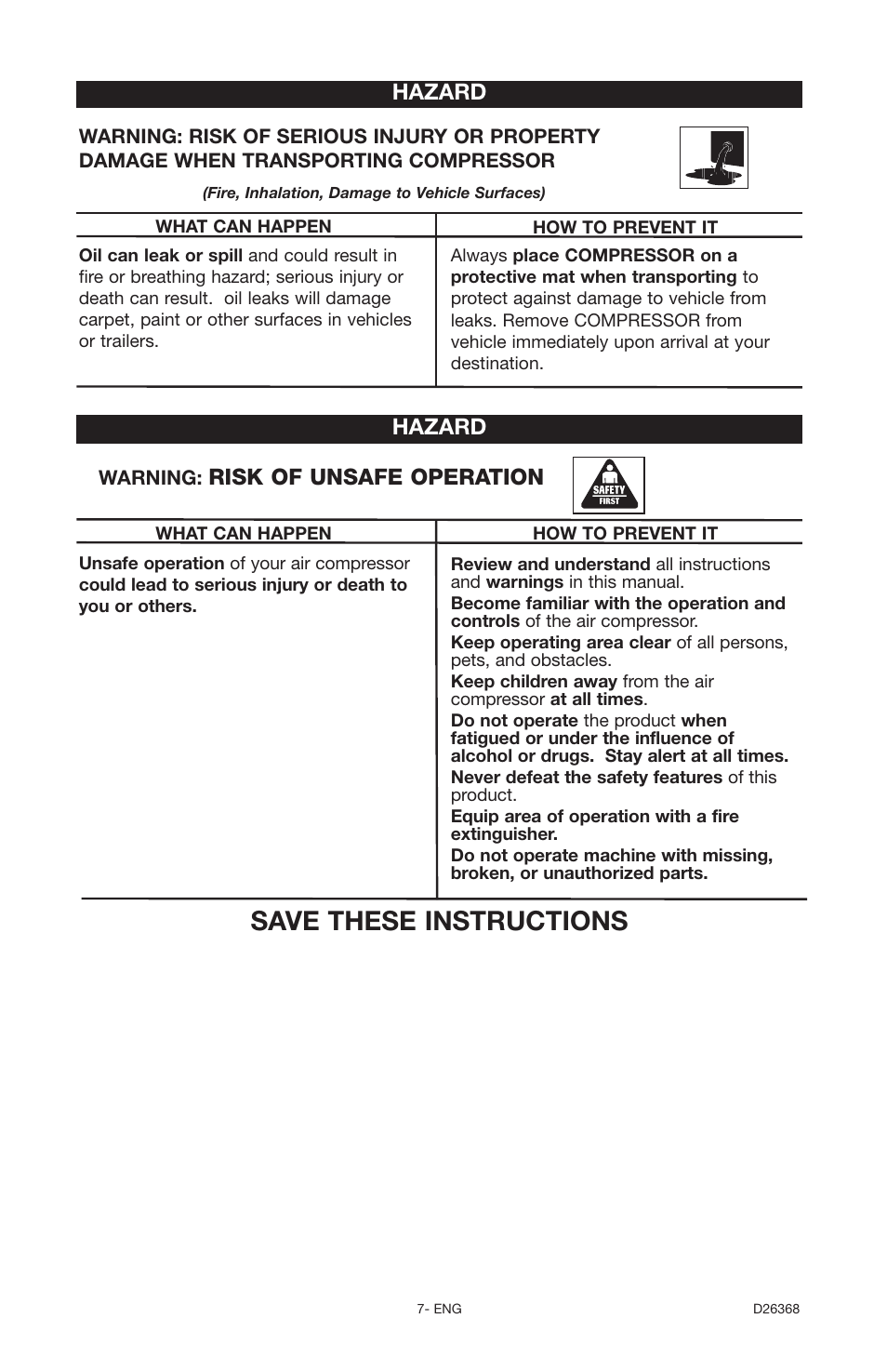 Save these instructions, Risk of unsafe operation, Hazard | DeVillbiss Air Power Company D26368 User Manual | Page 7 / 24
