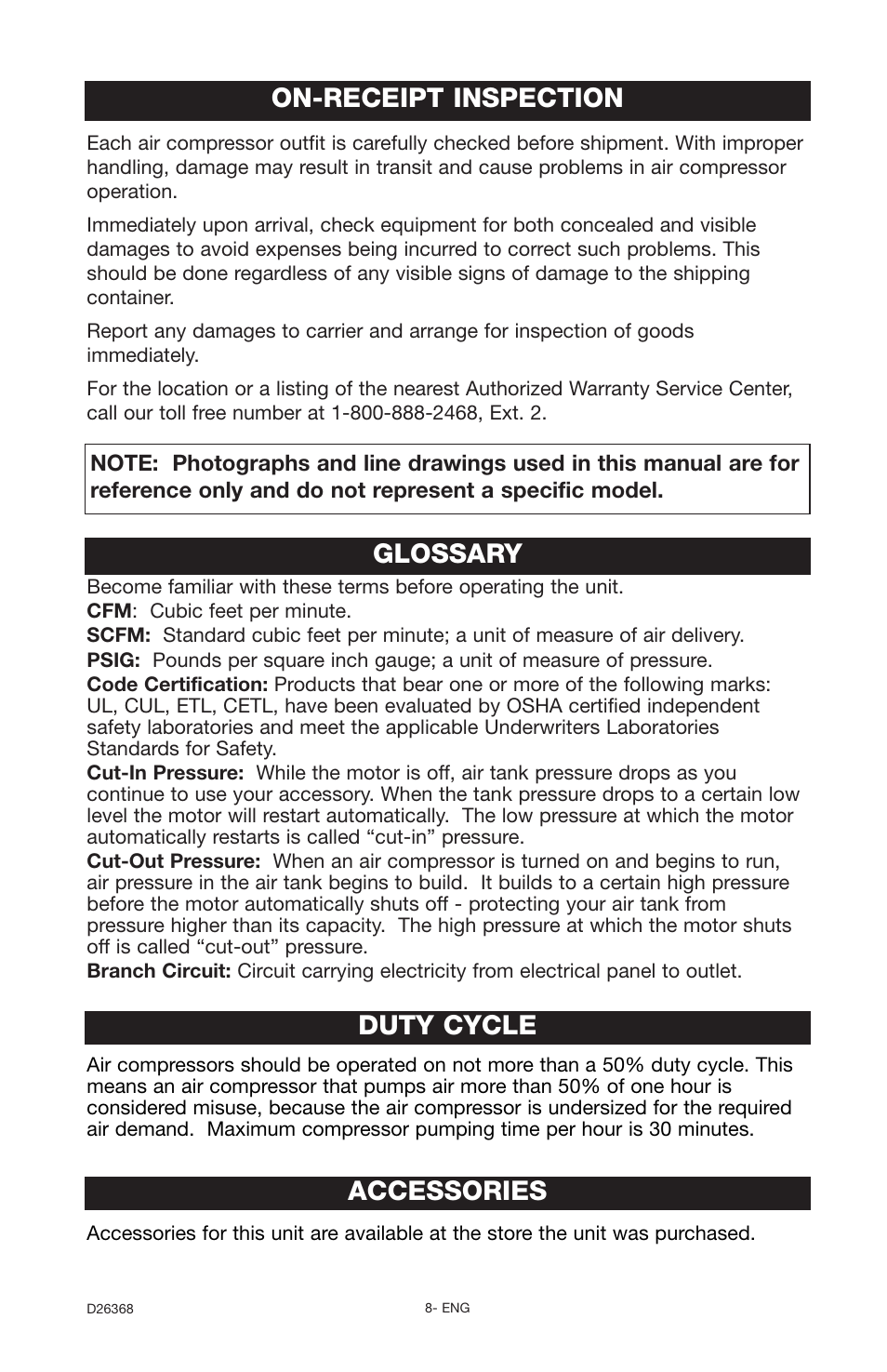 Glossary, Duty cycle, Accessories | On-receipt inspection | DeVillbiss Air Power Company D26368 User Manual | Page 8 / 24