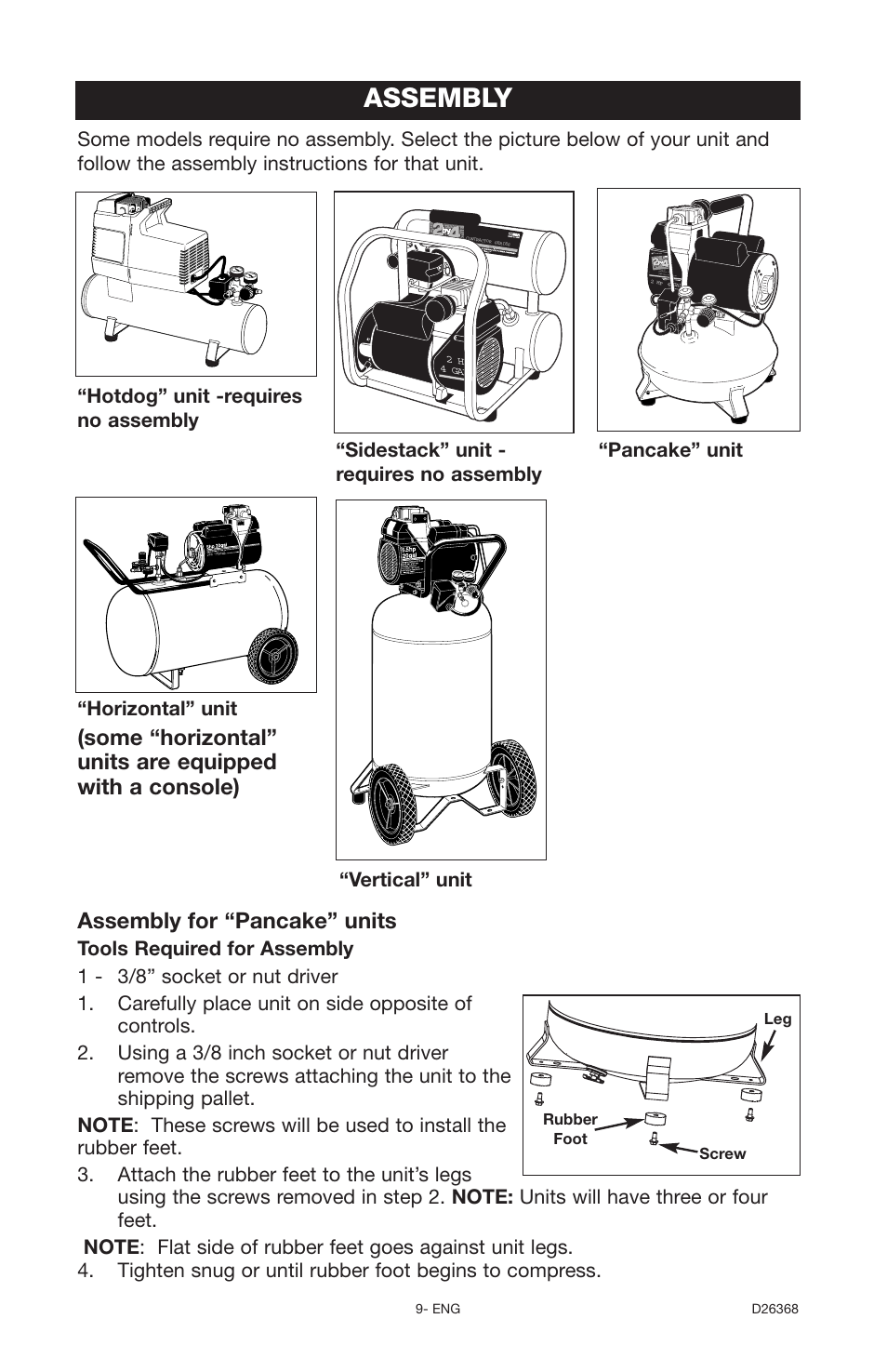 Assembly, Assembly for “pancake” units, Vertical” unit | DeVillbiss Air Power Company D26368 User Manual | Page 9 / 24