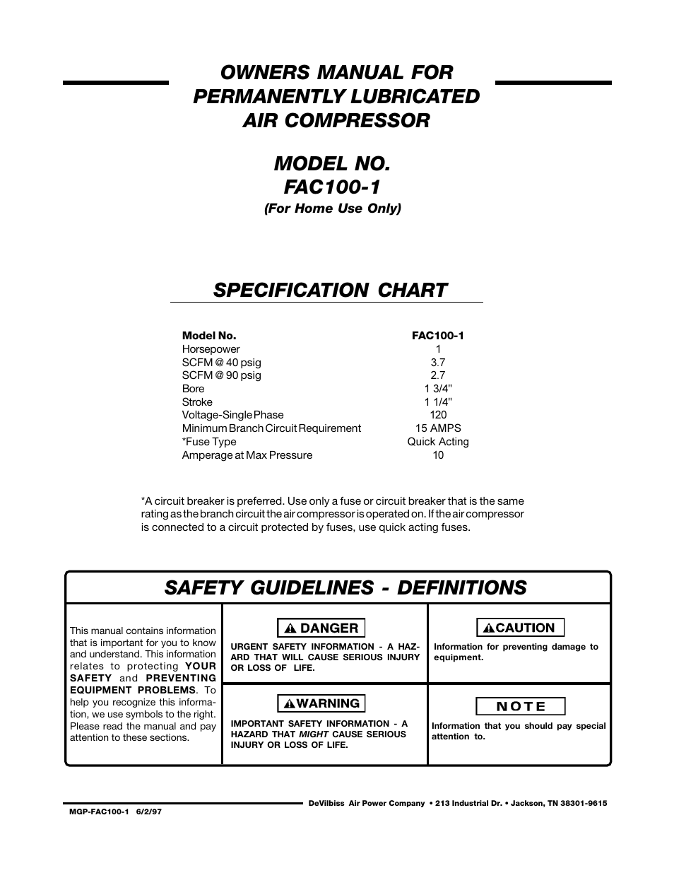DeVillbiss Air Power Company MGP-FAC100-1 User Manual | 12 pages