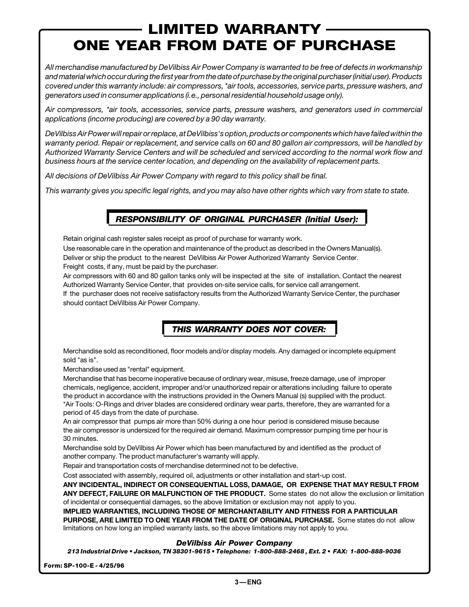 Limited warranty one year from date of purchase | DeVillbiss Air Power Company MGP-FAC100-1 User Manual | Page 3 / 12