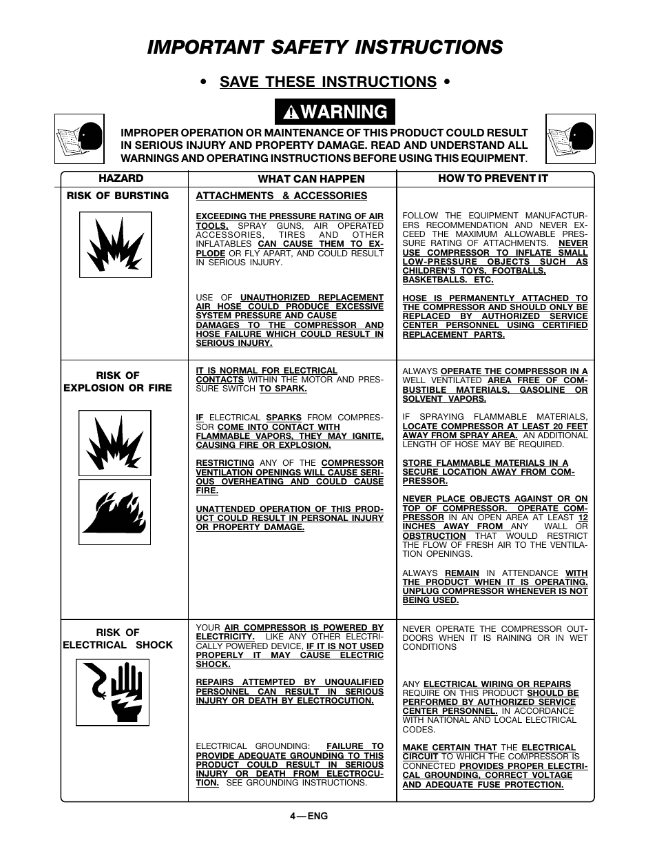 Important safety instructions, Save these instructions | DeVillbiss Air Power Company MGP-FAC100-1 User Manual | Page 4 / 12