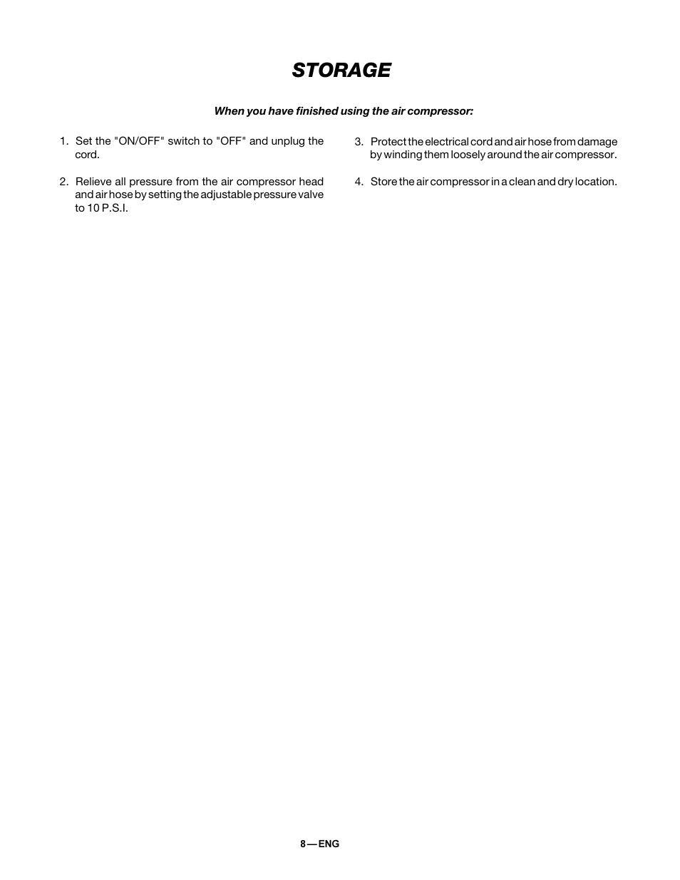 Storage | DeVillbiss Air Power Company MGP-FAC100-1 User Manual | Page 8 / 12