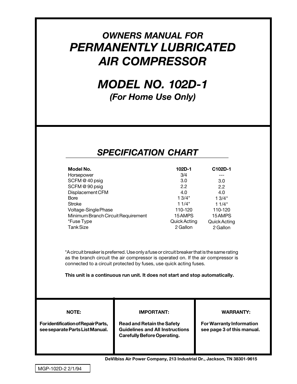 DeVillbiss Air Power Company MGP-102D-2 User Manual | 16 pages