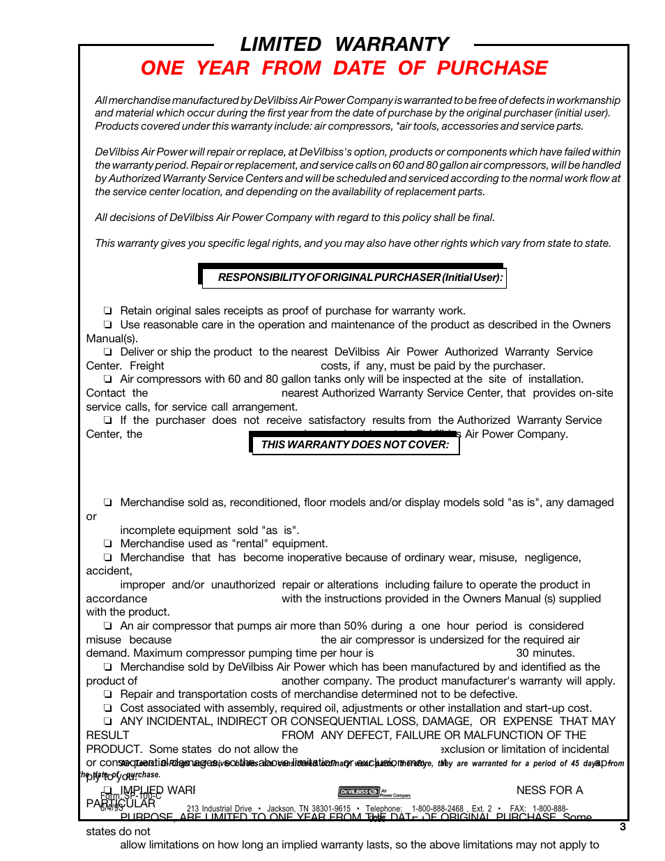 Limited warranty one year from date of purchase | DeVillbiss Air Power Company MGP-102D-2 User Manual | Page 3 / 16