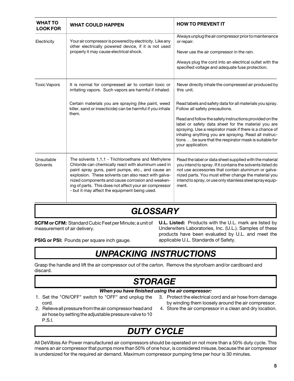 Glossary unpacking instructions, Storage duty cycle | DeVillbiss Air Power Company MGP-102D-2 User Manual | Page 5 / 16