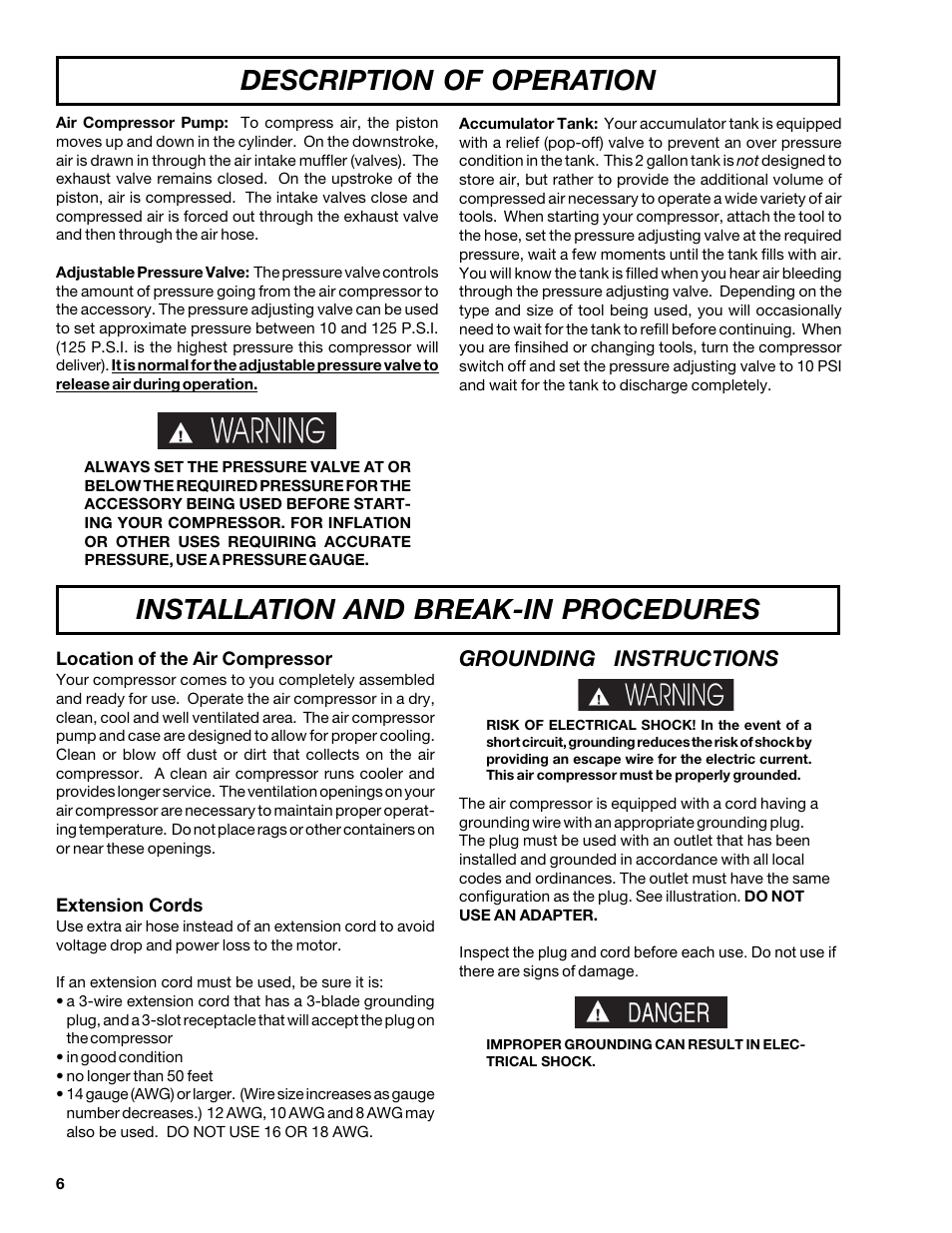 Description of operation, Installation and break-in procedures, Grounding instructions | DeVillbiss Air Power Company MGP-102D-2 User Manual | Page 6 / 16