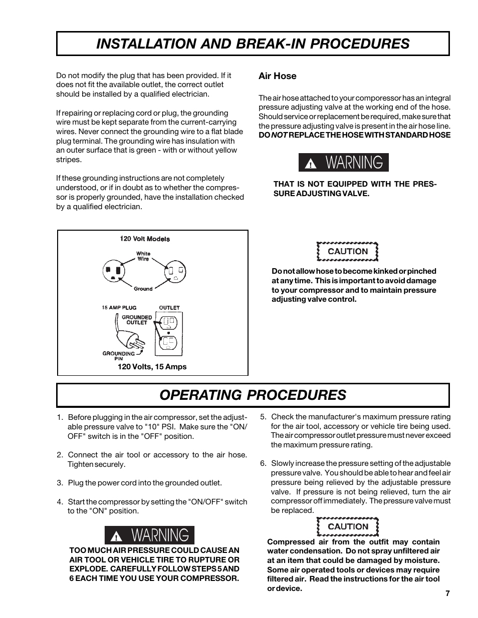 Installation and break-in procedures, Operating procedures | DeVillbiss Air Power Company MGP-102D-2 User Manual | Page 7 / 16