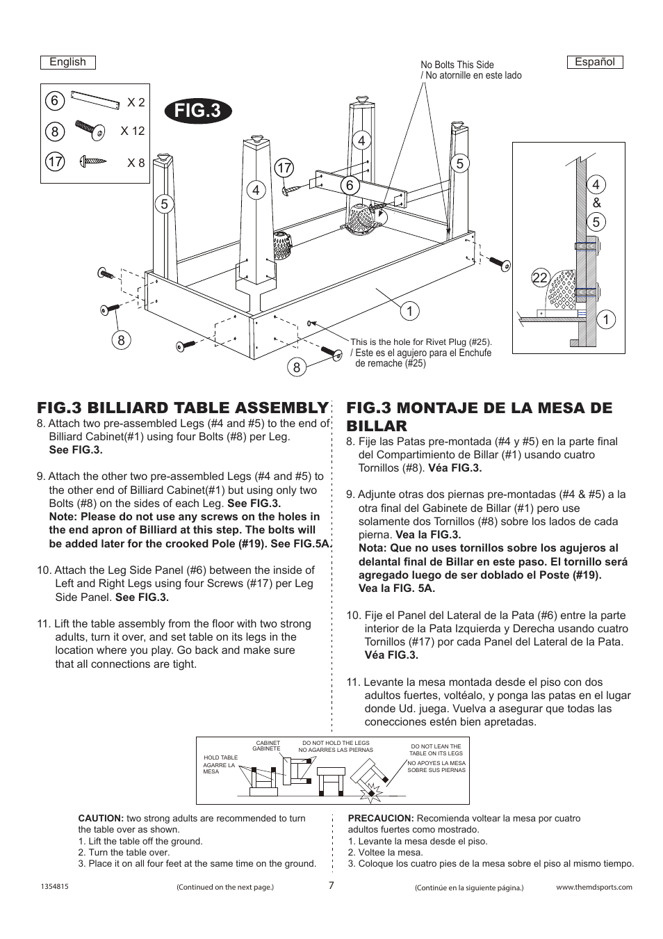 Fig.3, Fig.3 billiard table assembly, Montaje de la mesa de billar | Medal Sports SH1354815 User Manual | Page 8 / 14