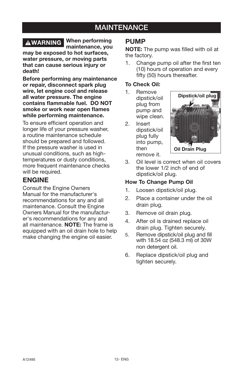 Maintenance, Engine, Pump | DeVillbiss Air Power Company Pressure Wave A12495 User Manual | Page 12 / 56