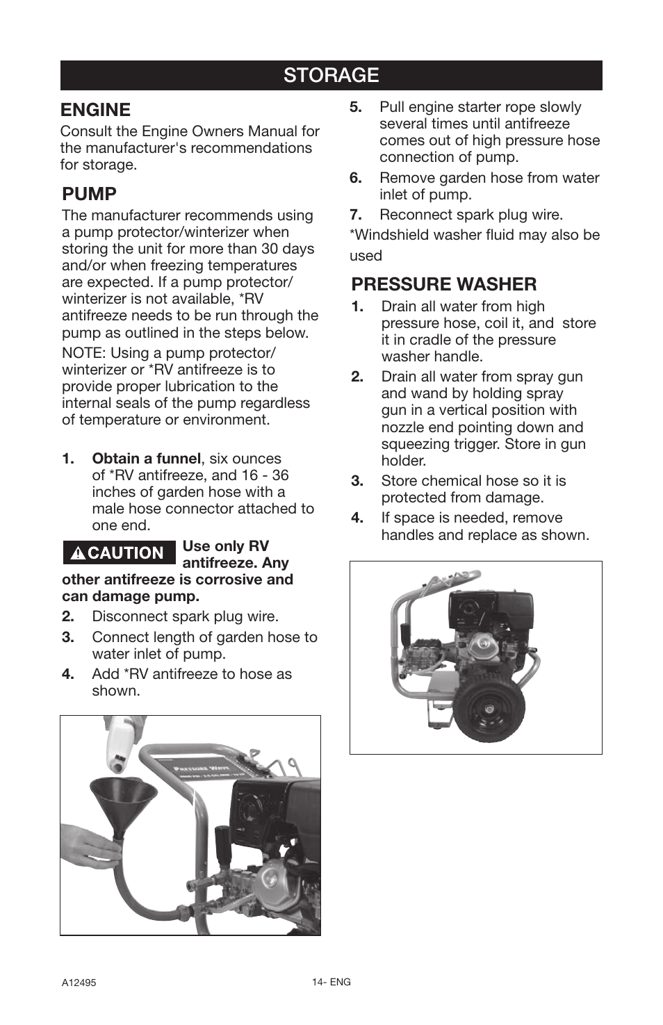 Storage, Engine, Pump | Pressure washer | DeVillbiss Air Power Company Pressure Wave A12495 User Manual | Page 14 / 56