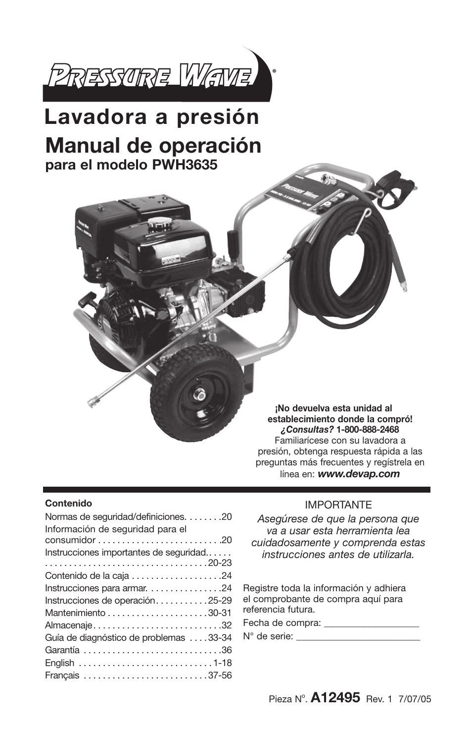Manual de operación, Lavadora a presión, Para el modelo pwh3635 | DeVillbiss Air Power Company Pressure Wave A12495 User Manual | Page 19 / 56