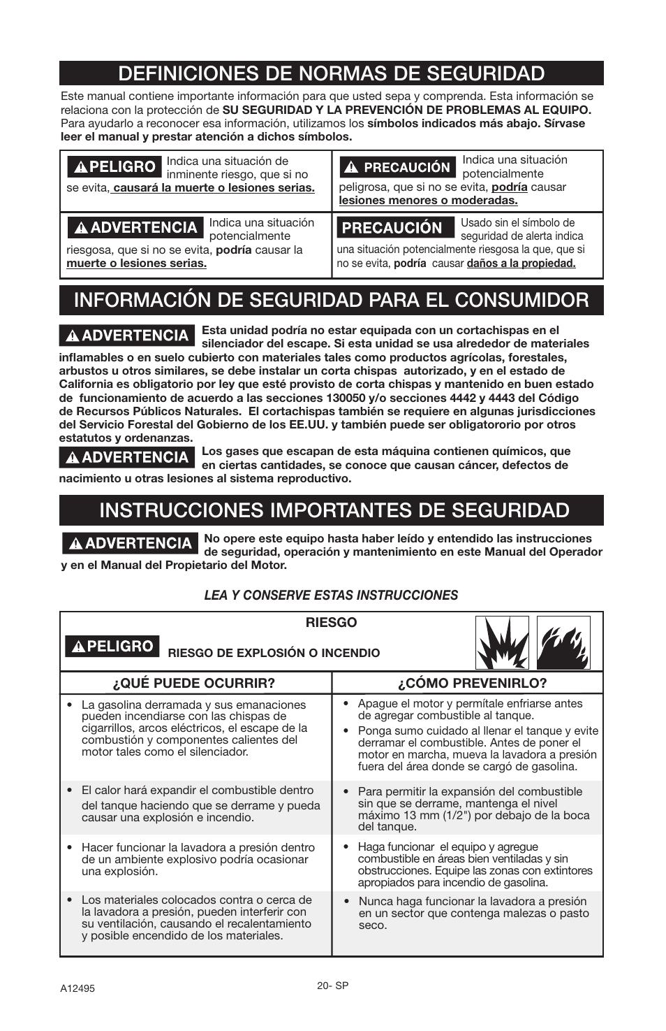 Instrucciones importantes de seguridad, Información de seguridad para el consumidor, Definiciones de normas de seguridad | DeVillbiss Air Power Company Pressure Wave A12495 User Manual | Page 20 / 56