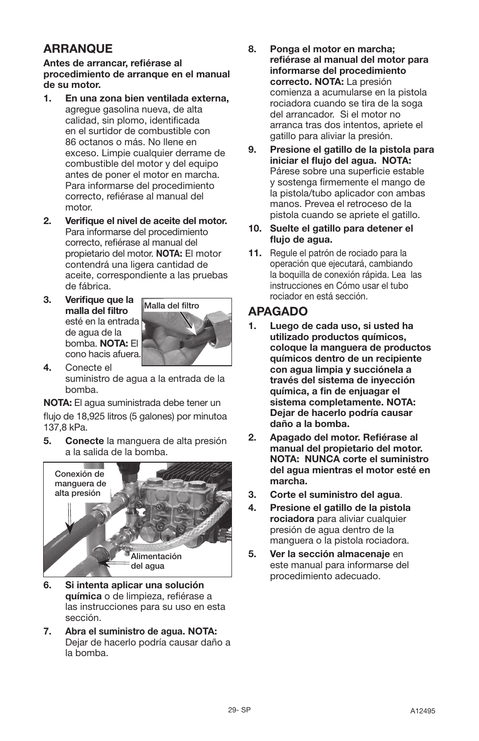 Arranque, Apagado | DeVillbiss Air Power Company Pressure Wave A12495 User Manual | Page 29 / 56